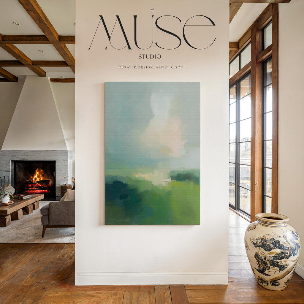 Large vertical abstract canvas wall art in soft green, sage, muted teal, and pale sky tones, designed for bedroom or above sofa placement, offering fresh spring green decor with calm landscape-inspired movement.