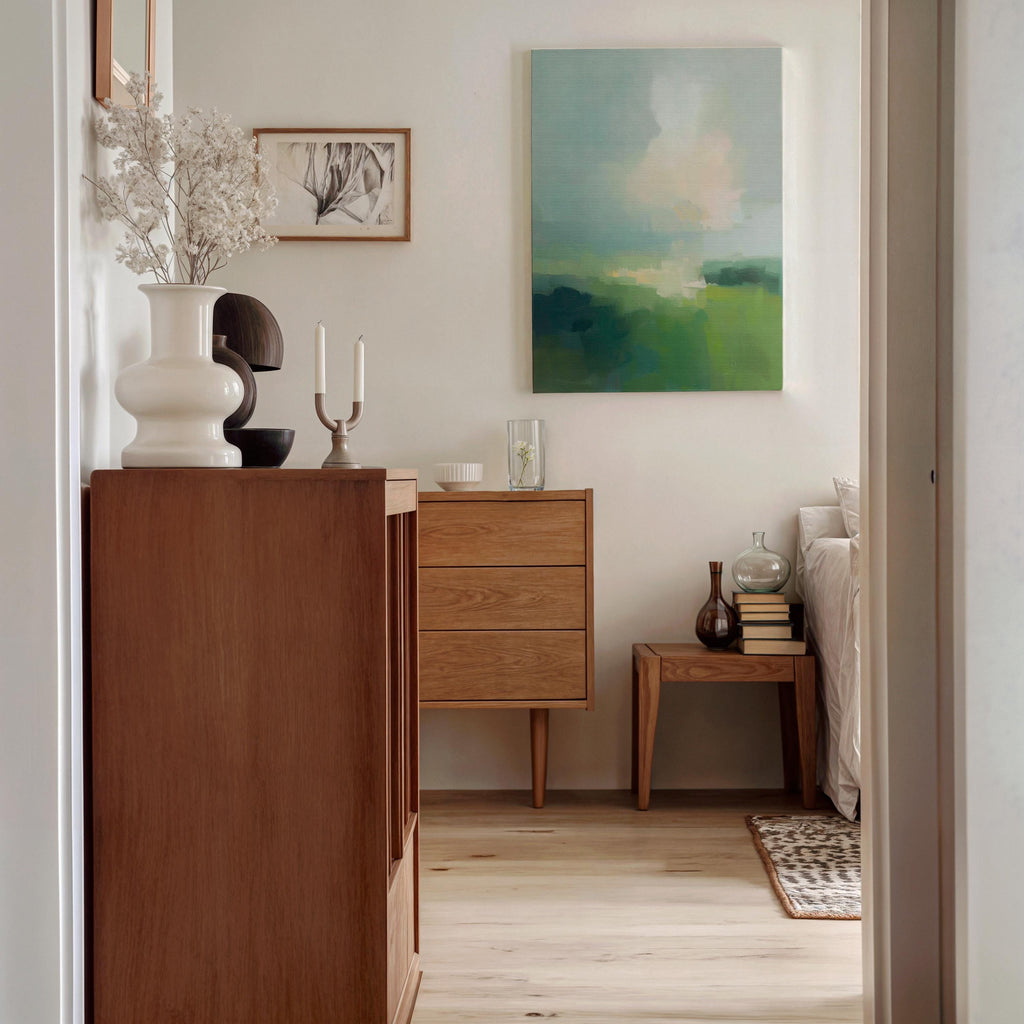 Large vertical abstract canvas wall art in soft green, sage, muted teal, and pale sky tones, designed for bedroom or above sofa placement, offering fresh spring green decor with calm landscape-inspired movement.