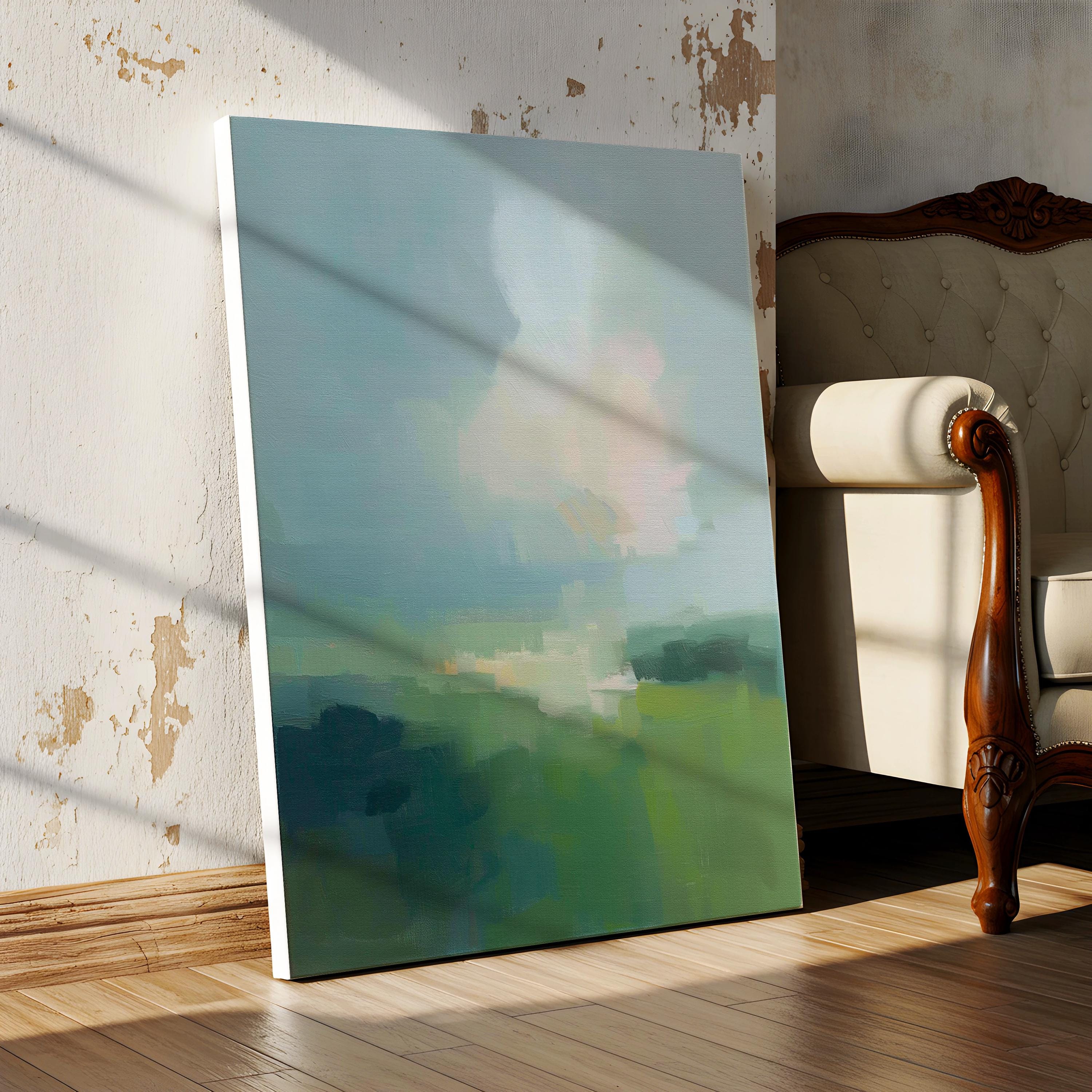 Large vertical abstract canvas wall art in soft green, sage, muted teal, and pale sky tones, designed for bedroom or above sofa placement, offering fresh spring green decor with calm landscape-inspired movement.