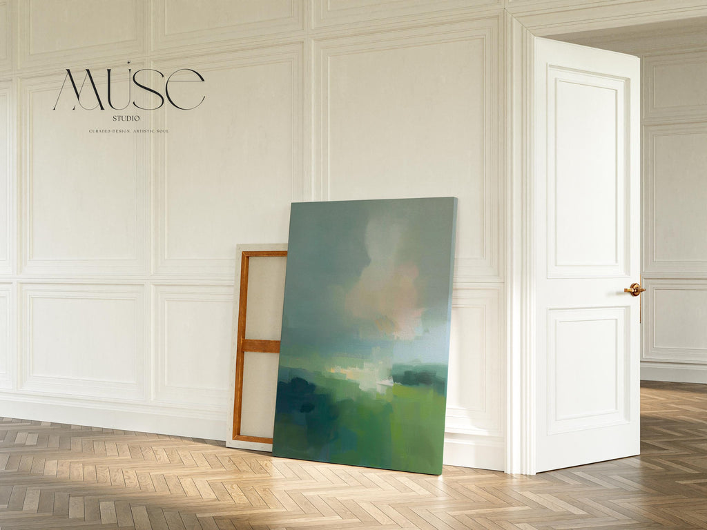 Large vertical abstract canvas wall art in soft green, sage, muted teal, and pale sky tones, designed for bedroom or above sofa placement, offering fresh spring green decor with calm landscape-inspired movement.