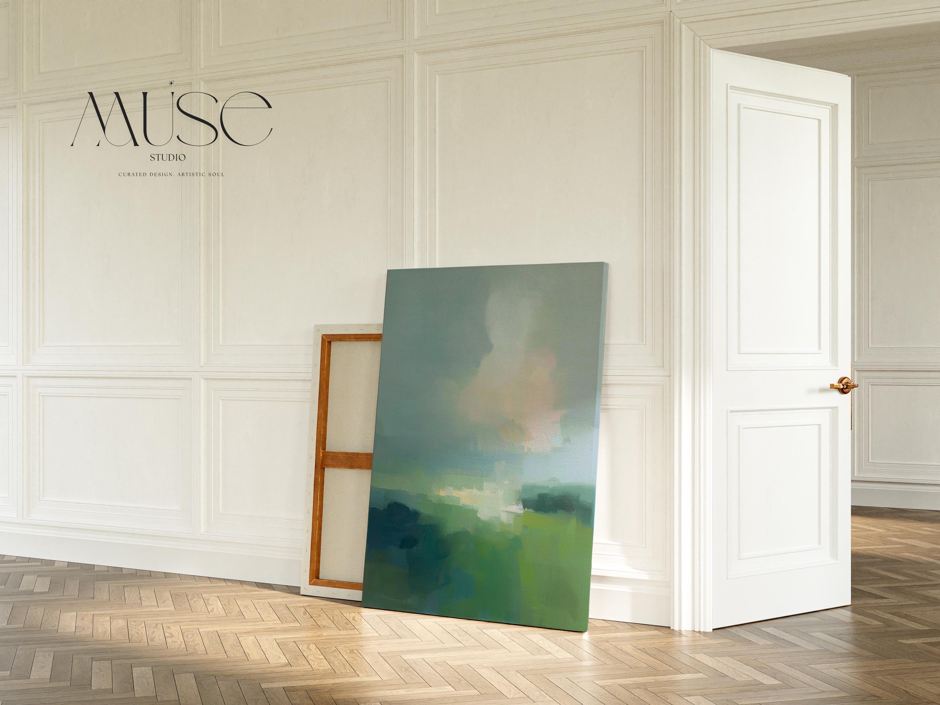 Large vertical abstract canvas wall art in soft green, sage, muted teal, and pale sky tones, designed for bedroom or above sofa placement, offering fresh spring green decor with calm landscape-inspired movement.