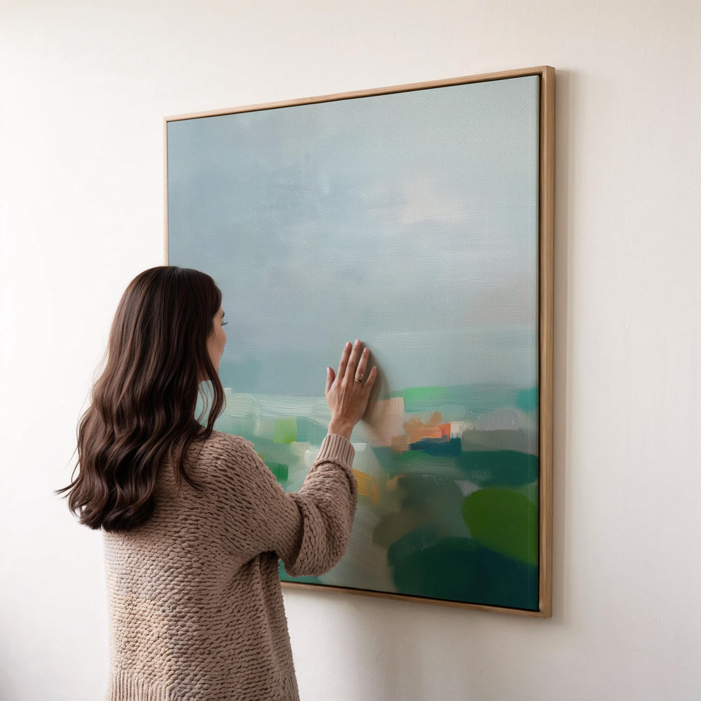 Large square abstract decor wall art featuring mist blue, sea glass green, and soft teal tones, framed in natural wood and styled in a calm contemporary living room, creating a serene coastal-inspired focal point for spacious interiors.