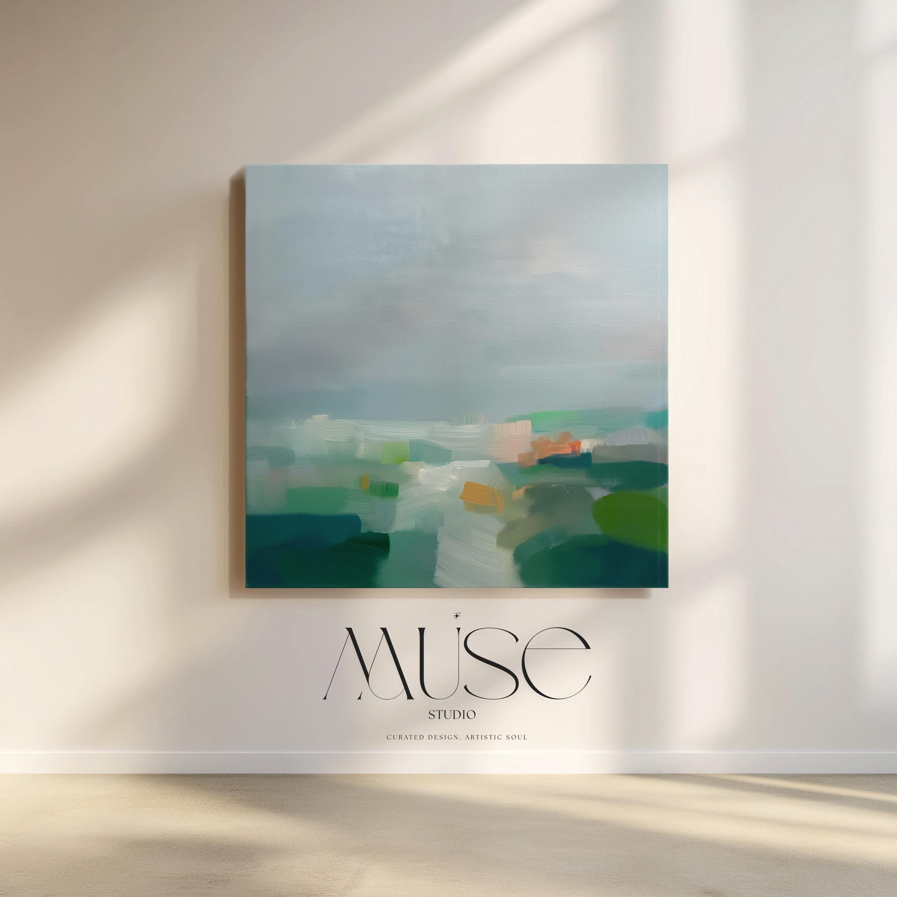 Large square abstract canvas wall art featuring soft green, aqua, and muted blue tones in a calming landscape composition, styled in a neutral interior to create an airy, refined focal point for living rooms or bedrooms.