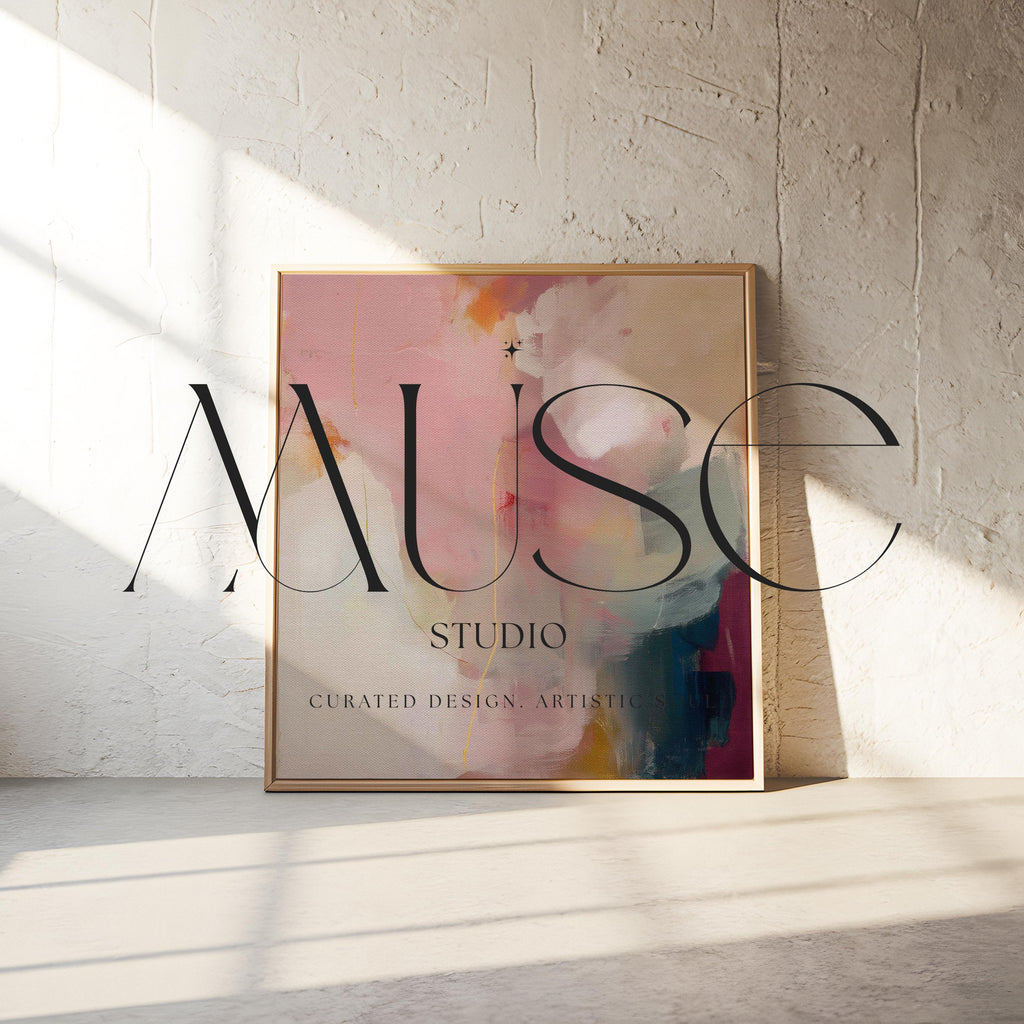 Large square abstract wall art in blush pink, warm cream, muted coral, and deep plum tones, printed as gallery-wrapped large canvas wall art, styled above a neutral sofa to create a romantic, painterly focal point for living rooms or bedrooms.
