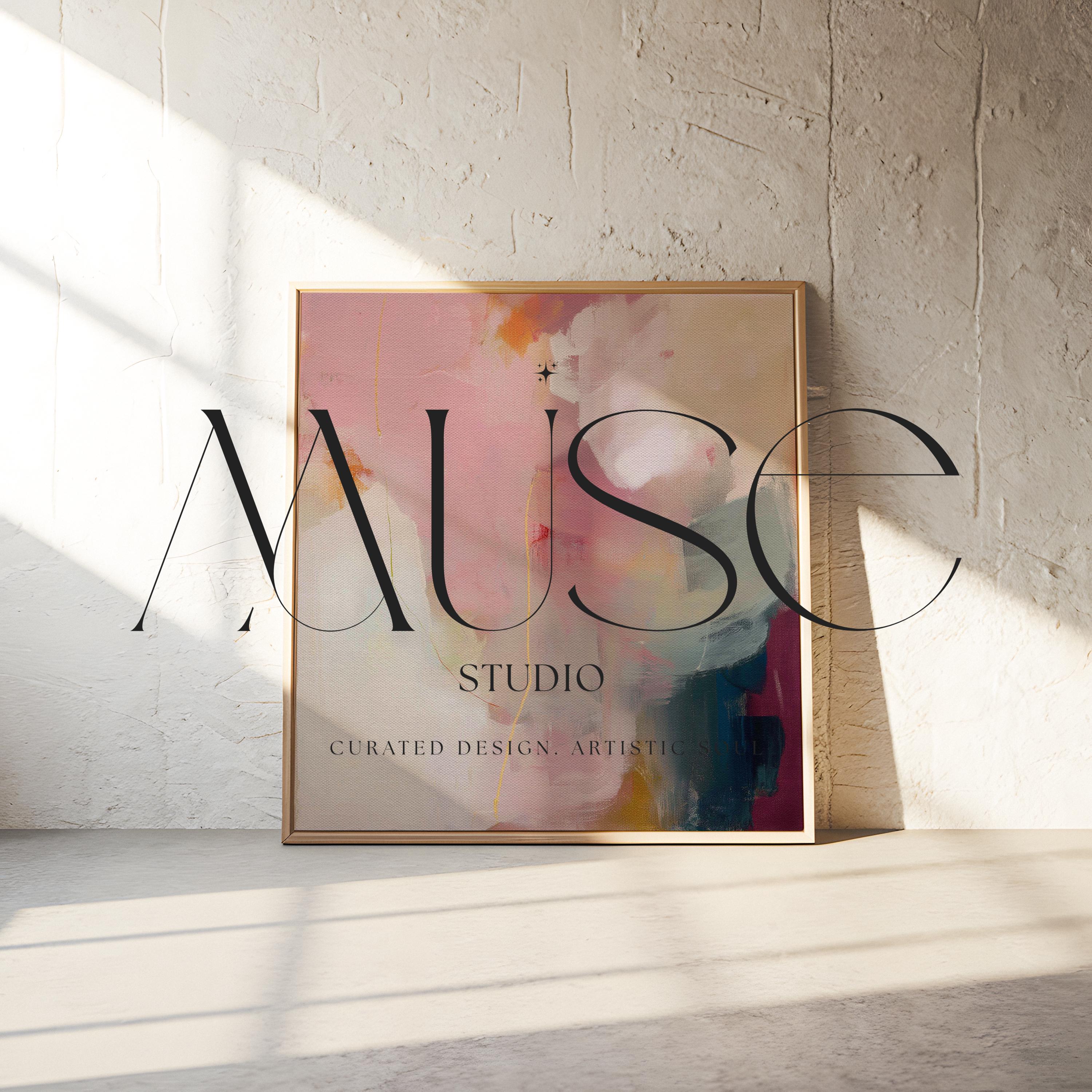Large square abstract wall art in blush pink, warm cream, muted coral, and deep plum tones, printed as gallery-wrapped large canvas wall art, styled above a neutral sofa to create a romantic, painterly focal point for living rooms or bedrooms.