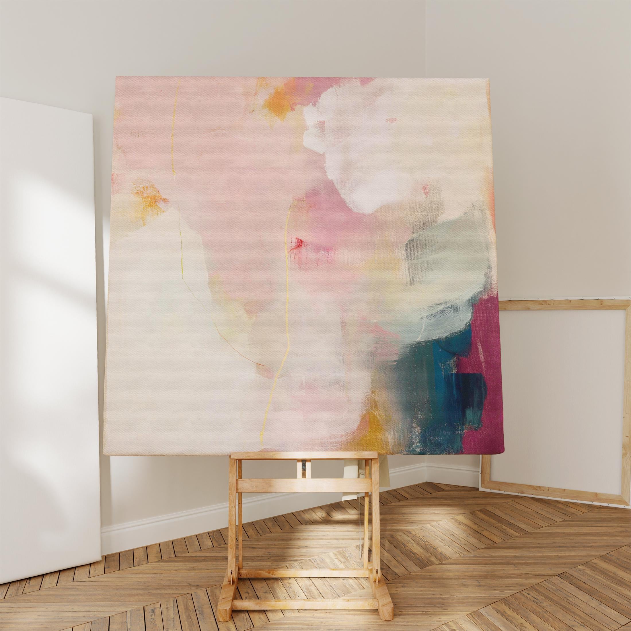 Large square abstract wall art in blush pink, warm cream, coral, and plum tones printed on gallery-wrapped large canvas wall art, styled in a refined living room to create a romantic, painterly focal point.