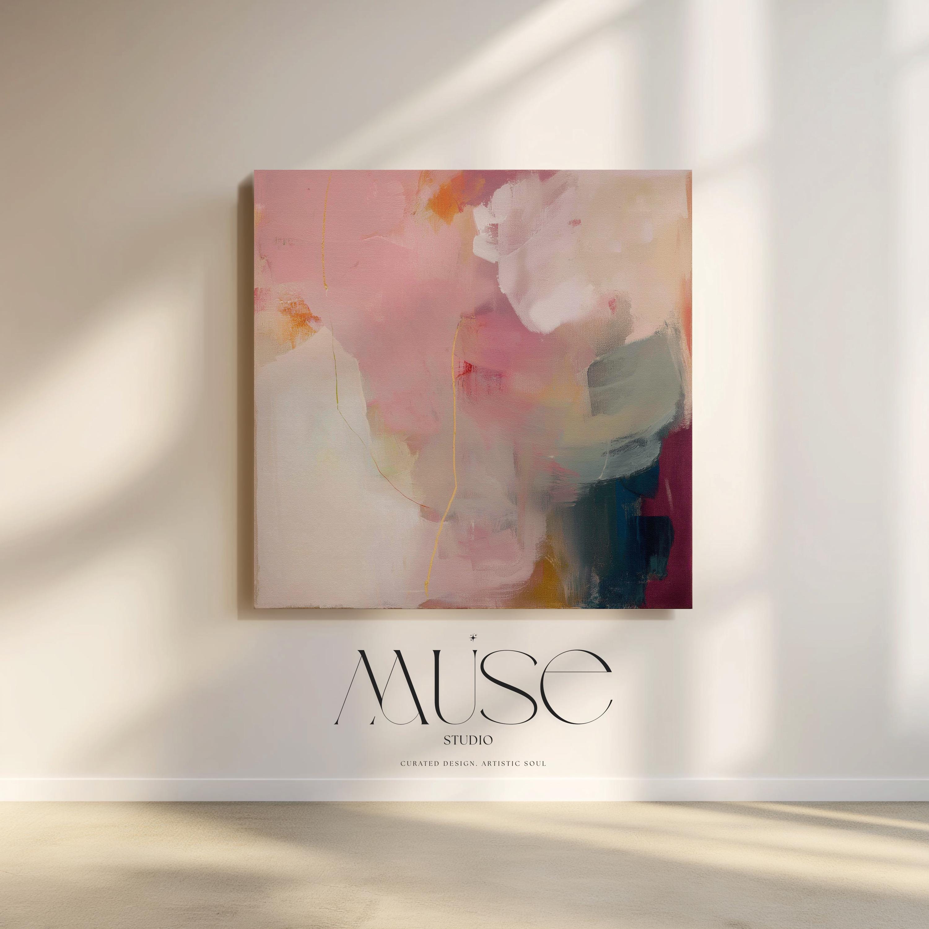 Large square abstract wall art in blush pink, warm cream, coral, and plum tones printed on gallery-wrapped large canvas wall art, styled in a refined living room to create a romantic, painterly focal point.