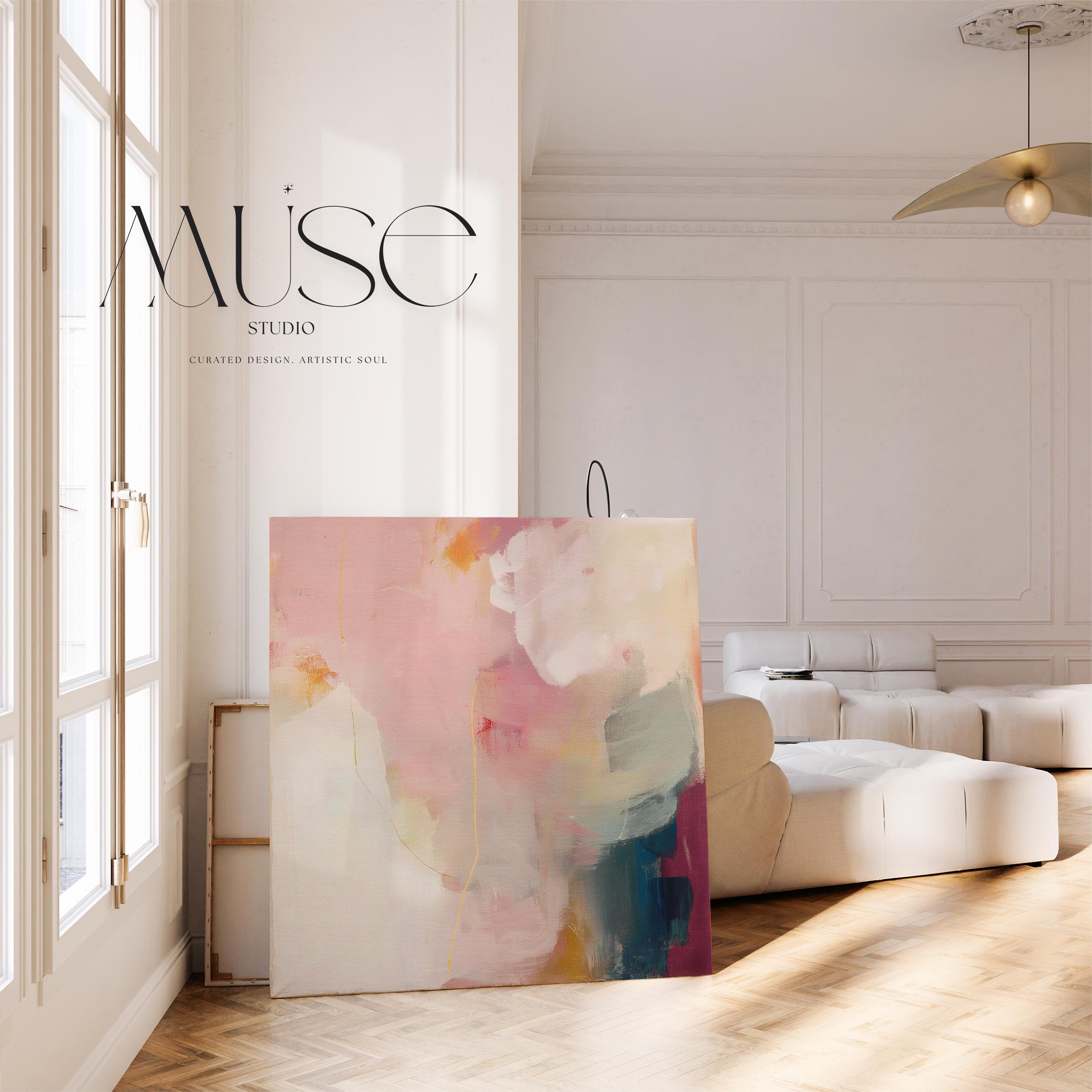 Large square abstract wall art in blush pink, warm cream, coral, and plum tones printed on gallery-wrapped large canvas wall art, styled in a refined living room to create a romantic, painterly focal point.