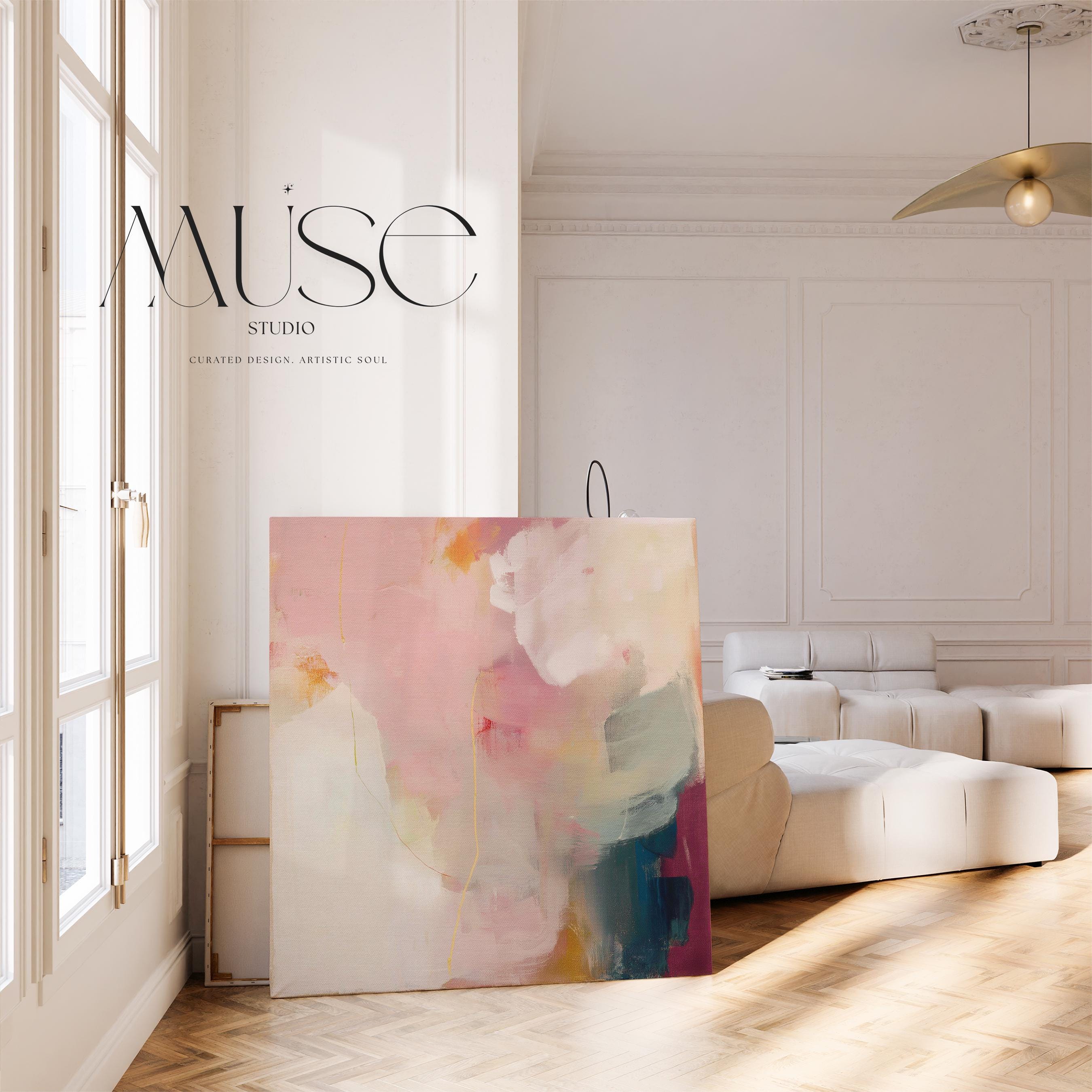 Large square abstract wall art in blush pink, warm cream, coral, and plum tones printed on gallery-wrapped large canvas wall art, styled in a refined living room to create a romantic, painterly focal point.
