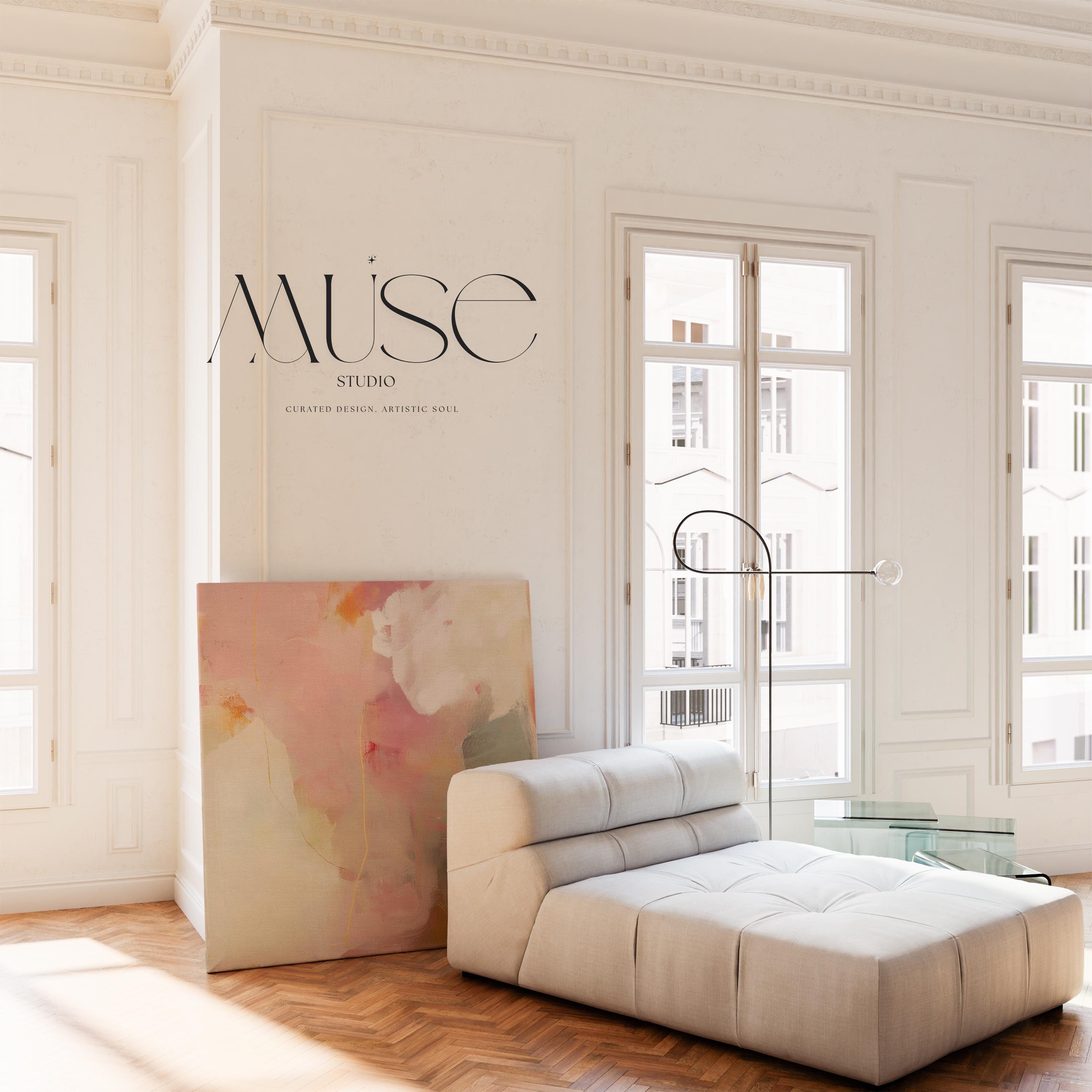 Large square abstract wall art in blush pink, warm cream, coral, and plum tones printed on gallery-wrapped large canvas wall art, styled in a refined living room to create a romantic, painterly focal point.