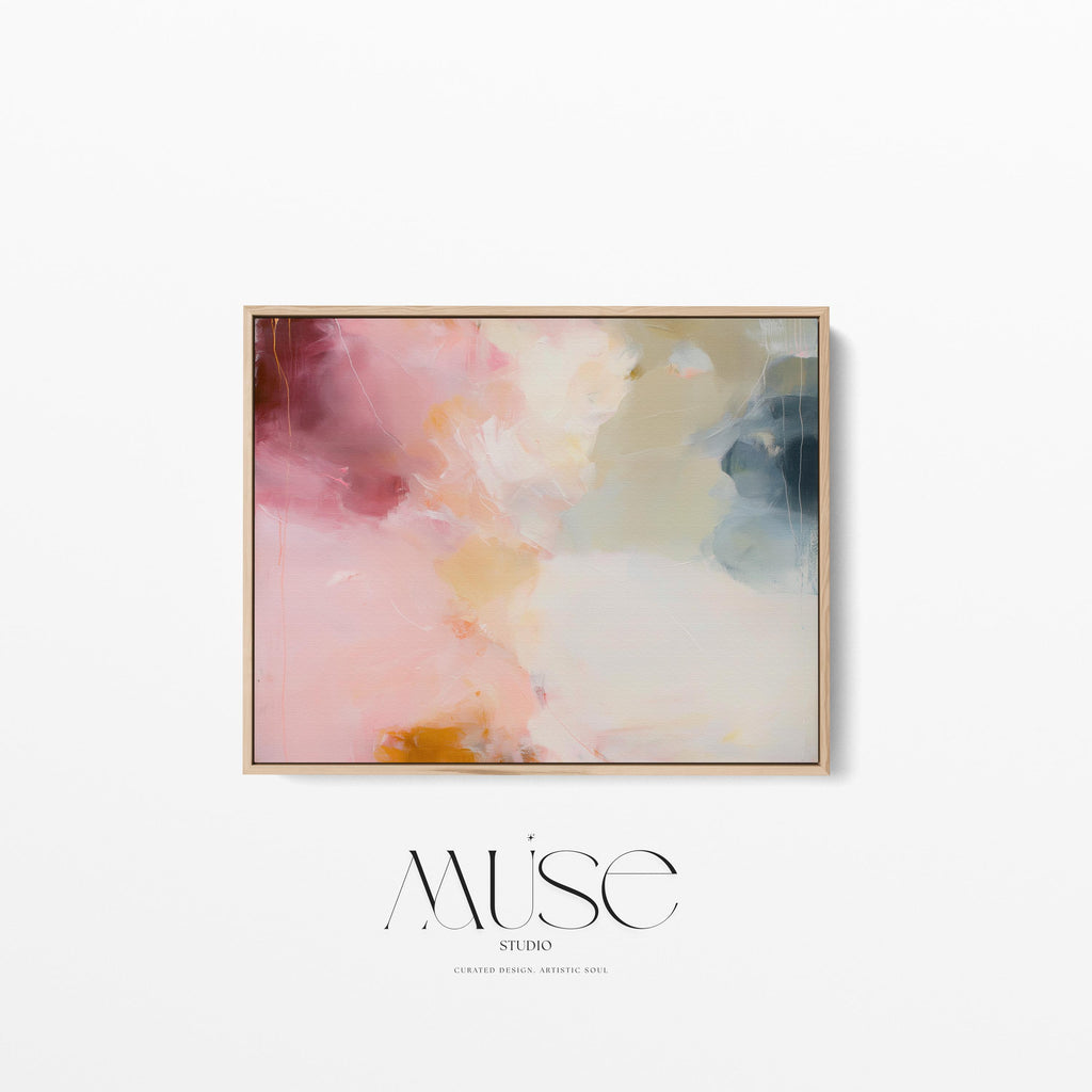 Large horizontal abstract wall art featuring blush pink, coral, cream, and muted blue-grey tones, printed as large canvas wall art and styled above a neutral sofa to create a romantic contemporary focal point in a living room.