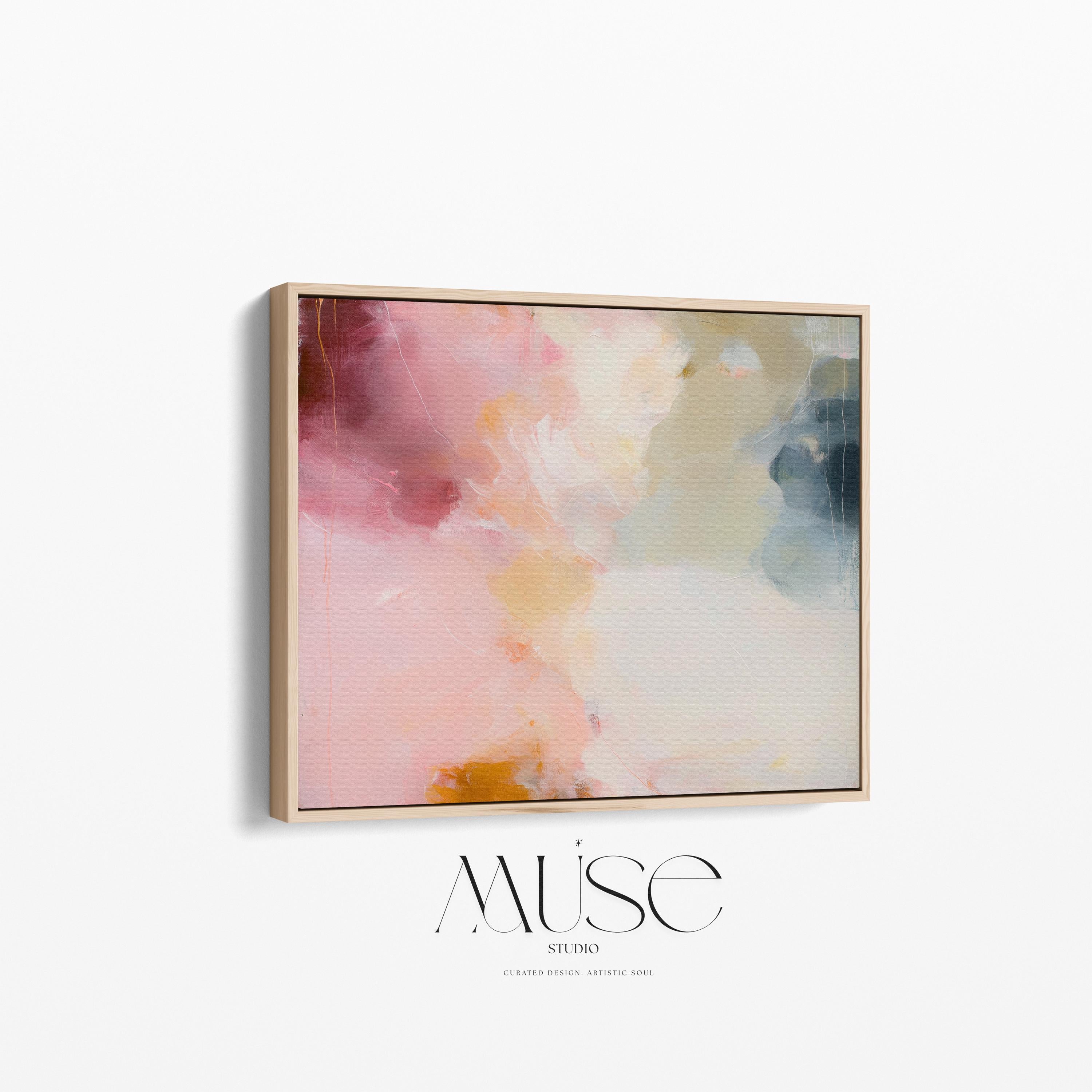 Large horizontal abstract wall art featuring blush pink, coral, cream, and muted blue-grey tones, printed as large canvas wall art and styled above a neutral sofa to create a romantic contemporary focal point in a living room.