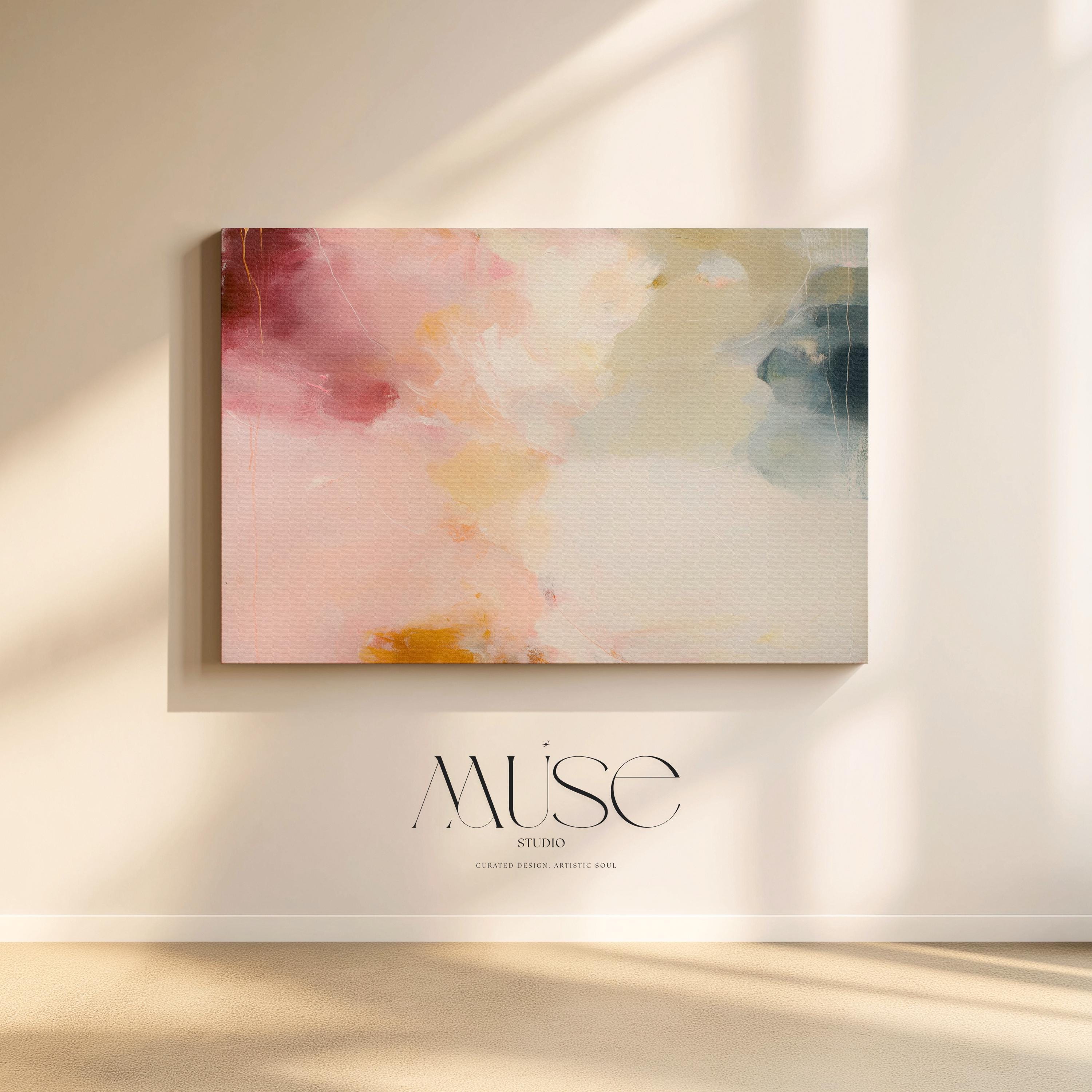 Large horizontal abstract wall art in blush pink, coral, cream, and muted blue-grey tones printed as large canvas wall art, styled above a neutral sofa to create a romantic contemporary focal point.