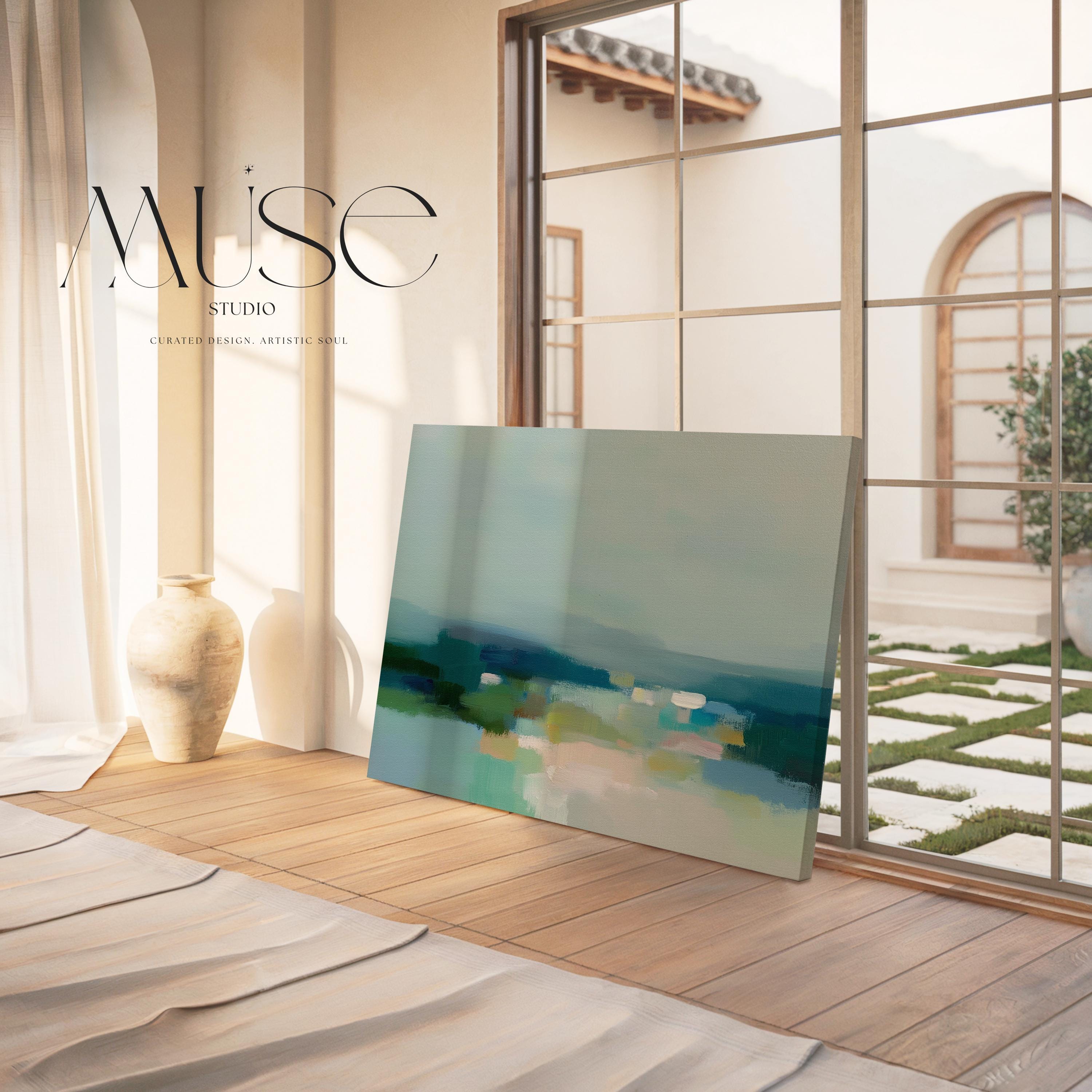 Large horizontal landscape abstract wall art by Muse Studio titled Harbor Light 1024, featuring layered sage, teal, cream, and soft blue tones, printed with museum-quality giclée inks on gallery-wrapped canvas, ideal for relaxed contemporary and modern farmhouse homes.