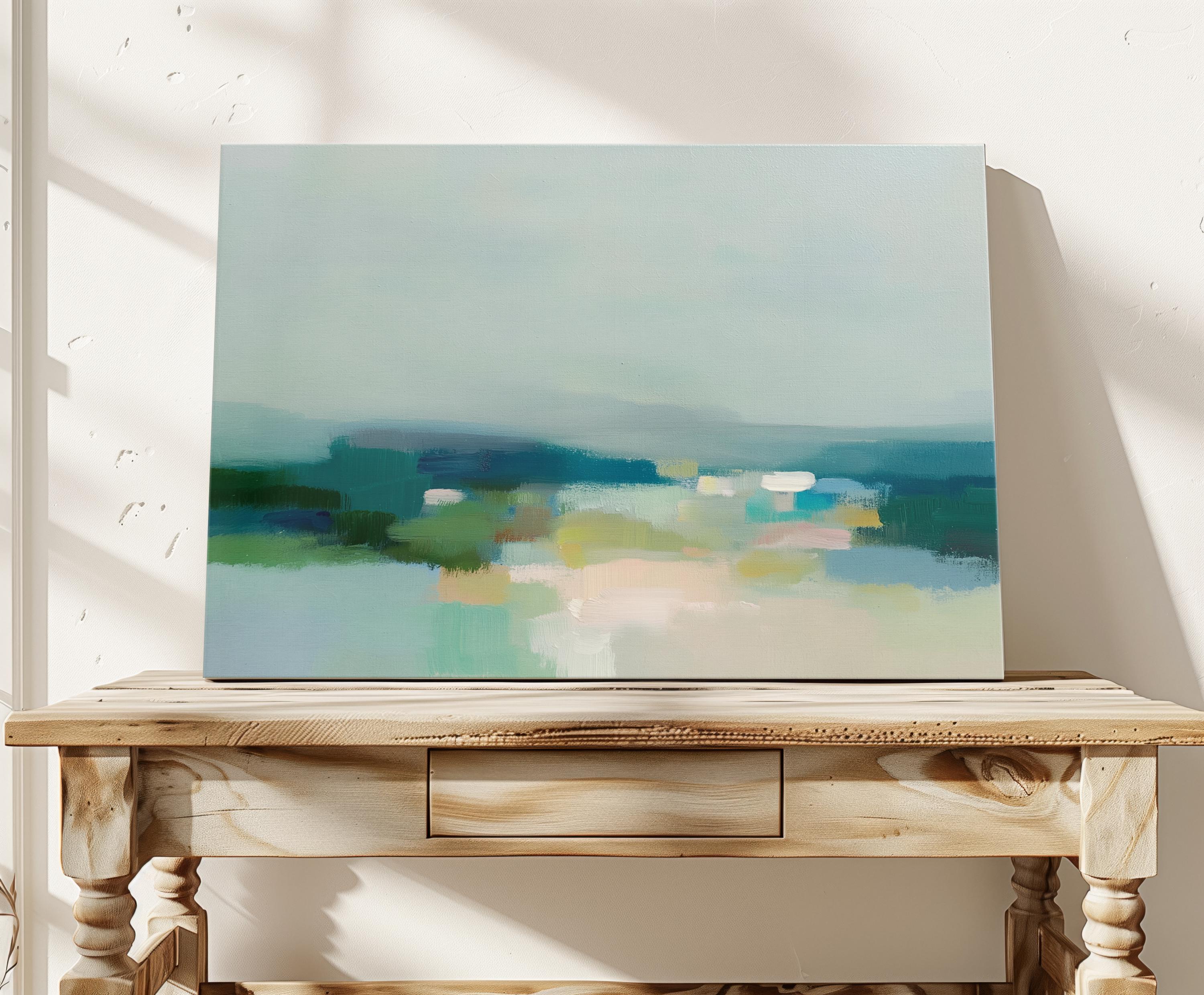 Muse Studio Spring Dreams 1025 large canvas wall art featuring a soft green abstract landscape with airy painterly movement, muted nature-inspired tones, and a serene spring horizon feel, printed with museum-grade giclée inks on premium gallery-wrapped canvas for modern organic, neutral farmhouse, and refined living room interiors.