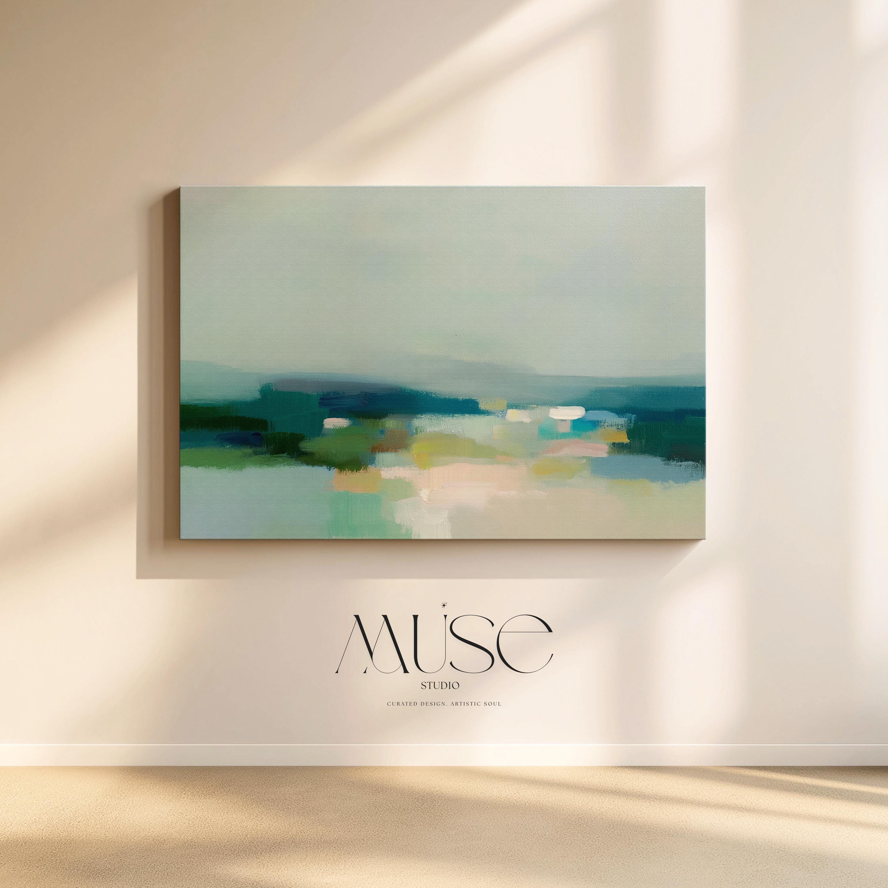 Muse Studio Spring Dreams 1025 large canvas wall art featuring a soft green abstract landscape with airy painterly movement, muted nature-inspired tones, and a serene spring horizon feel, printed with museum-grade giclée inks on premium gallery-wrapped canvas for modern organic, neutral farmhouse, and refined living room interiors.