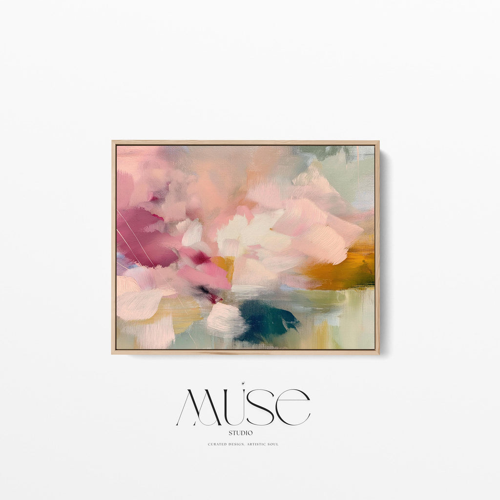 Soft blush, coral, teal and cream floral abstract framed canvas wall art by Muse Studio & Co. in a natural wood floating frame, styled as a calming focal piece in a warm contemporary living space.