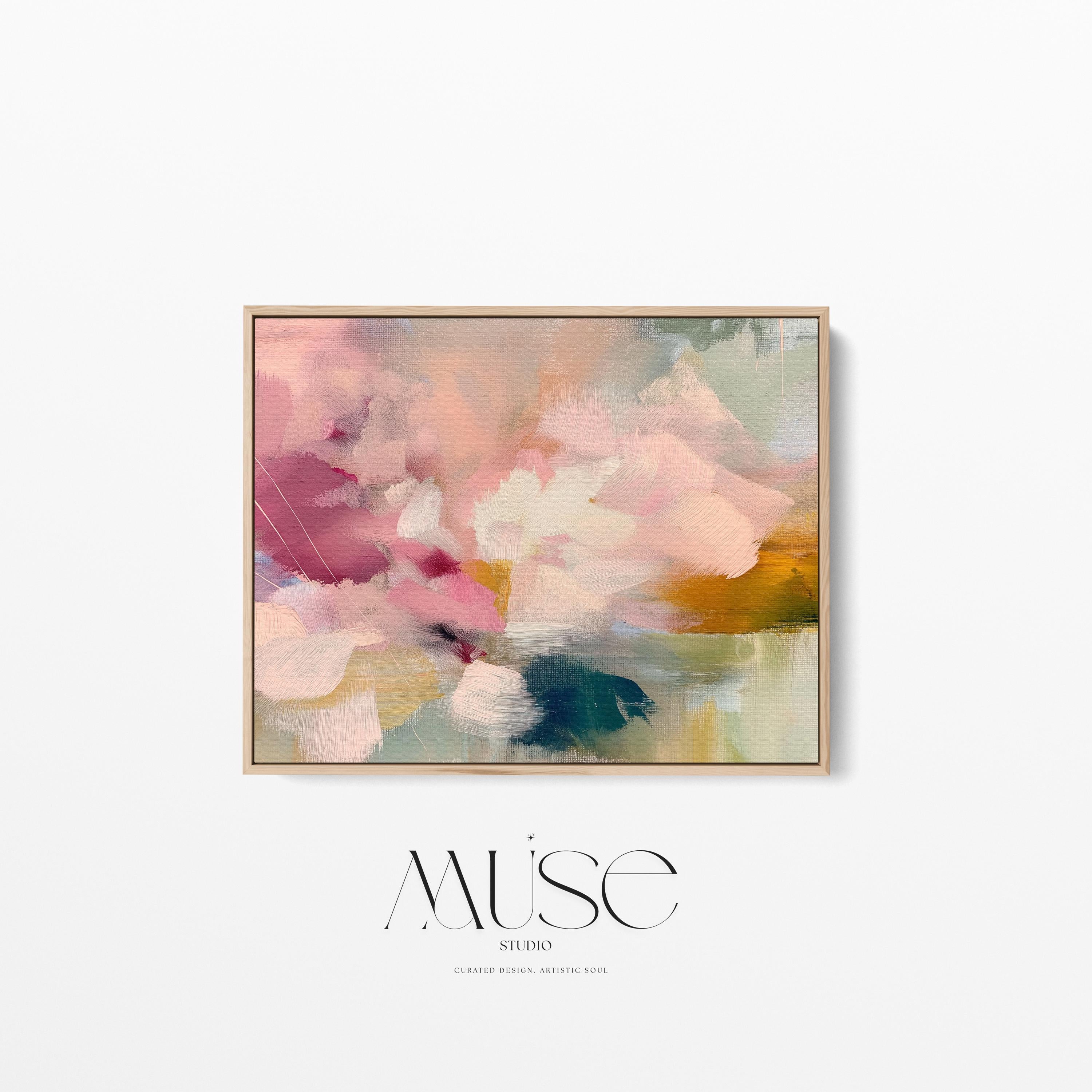 Soft blush, coral, teal and cream floral abstract framed canvas wall art by Muse Studio & Co. in a natural wood floating frame, styled as a calming focal piece in a warm contemporary living space.