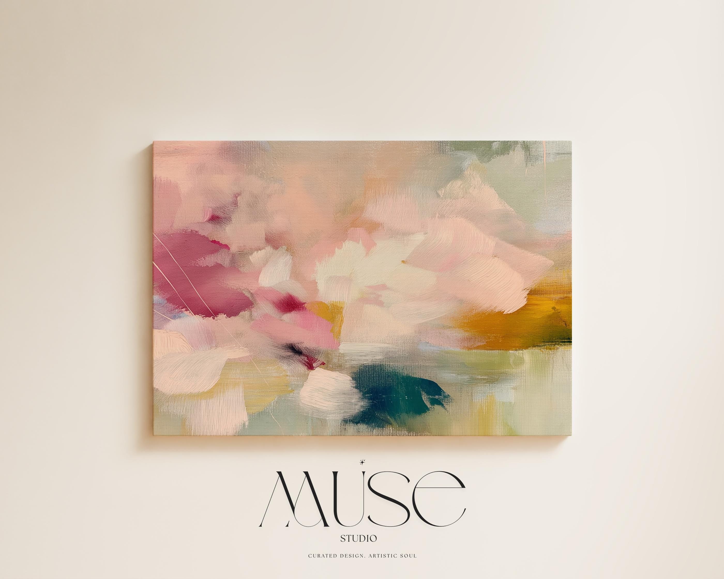 Blush pink, coral, teal and cream floral abstract stretched canvas wall art by Muse Studio & Co. with gallery wrapped edges displayed in a soft contemporary home interior.