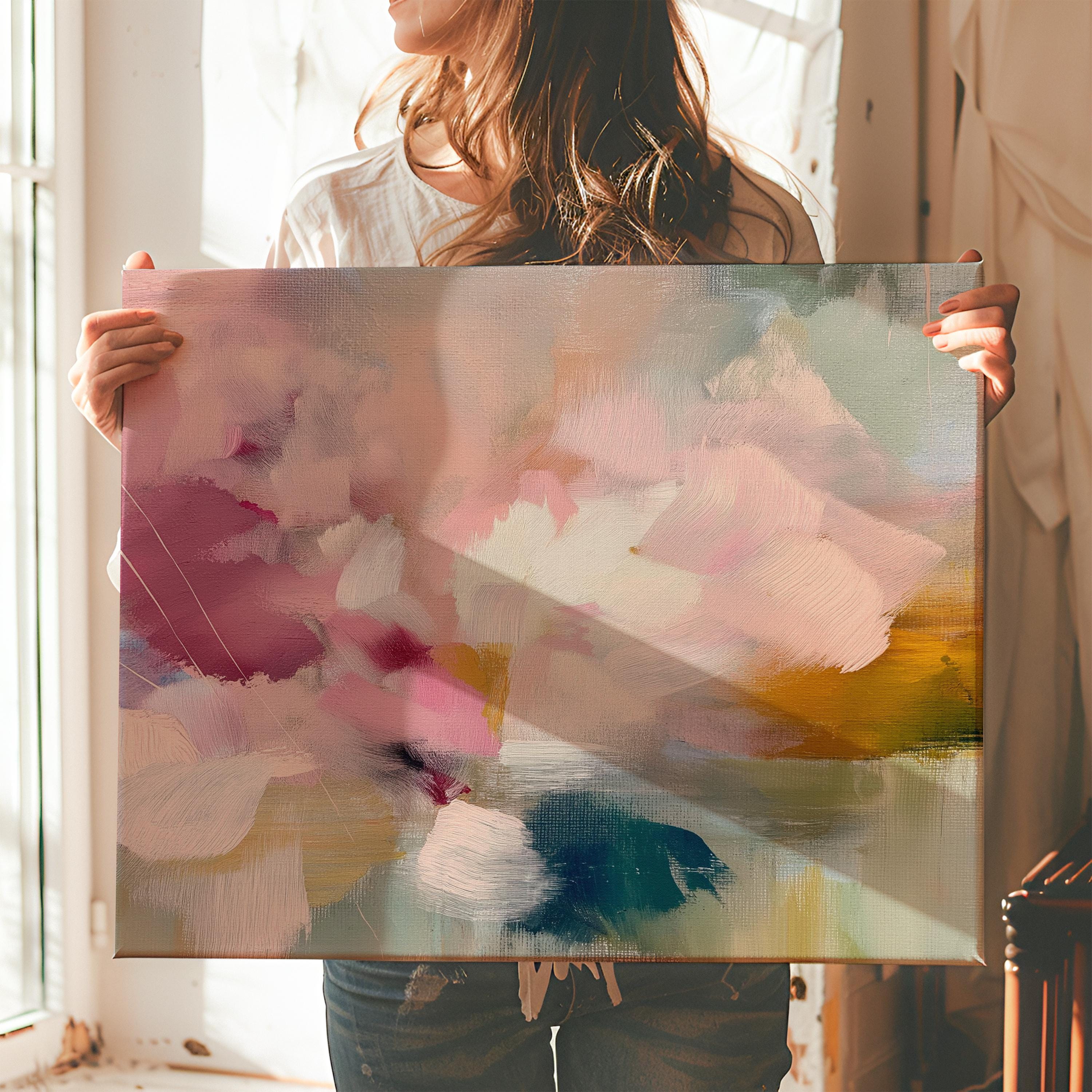 Blush pink, coral, teal and cream floral abstract stretched canvas wall art by Muse Studio & Co. with gallery wrapped edges displayed in a soft contemporary home interior.