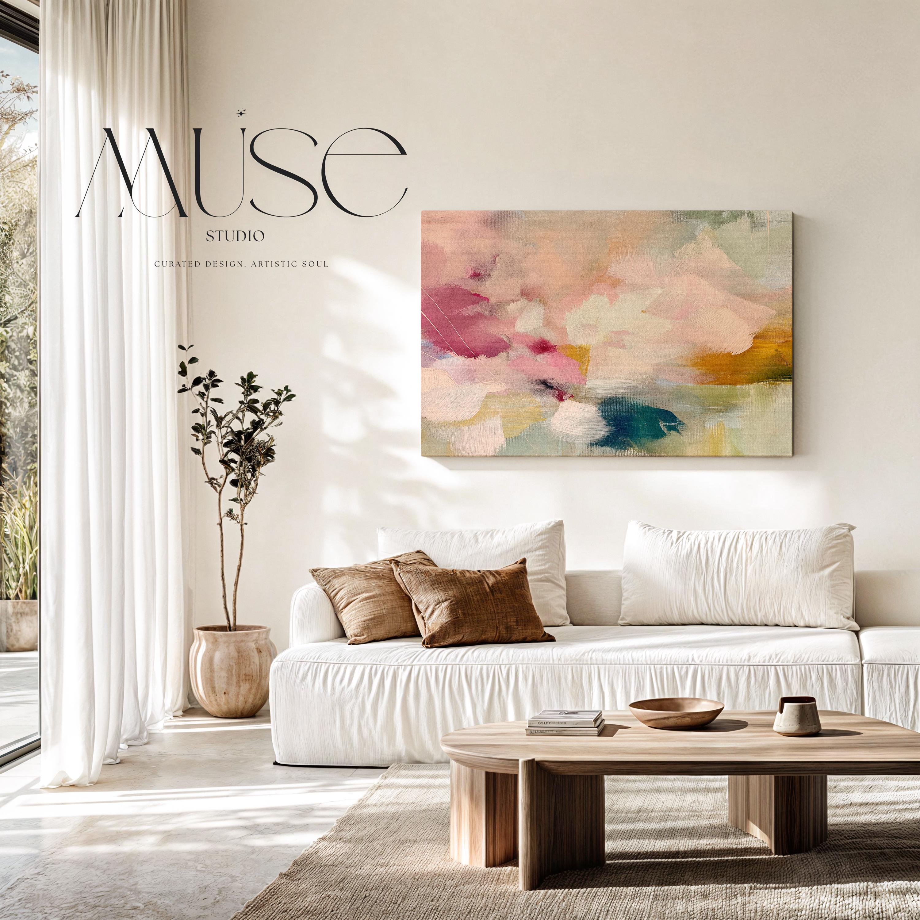 Blush pink, coral, teal and cream floral abstract stretched canvas wall art by Muse Studio & Co. with gallery wrapped edges displayed in a soft contemporary home interior.