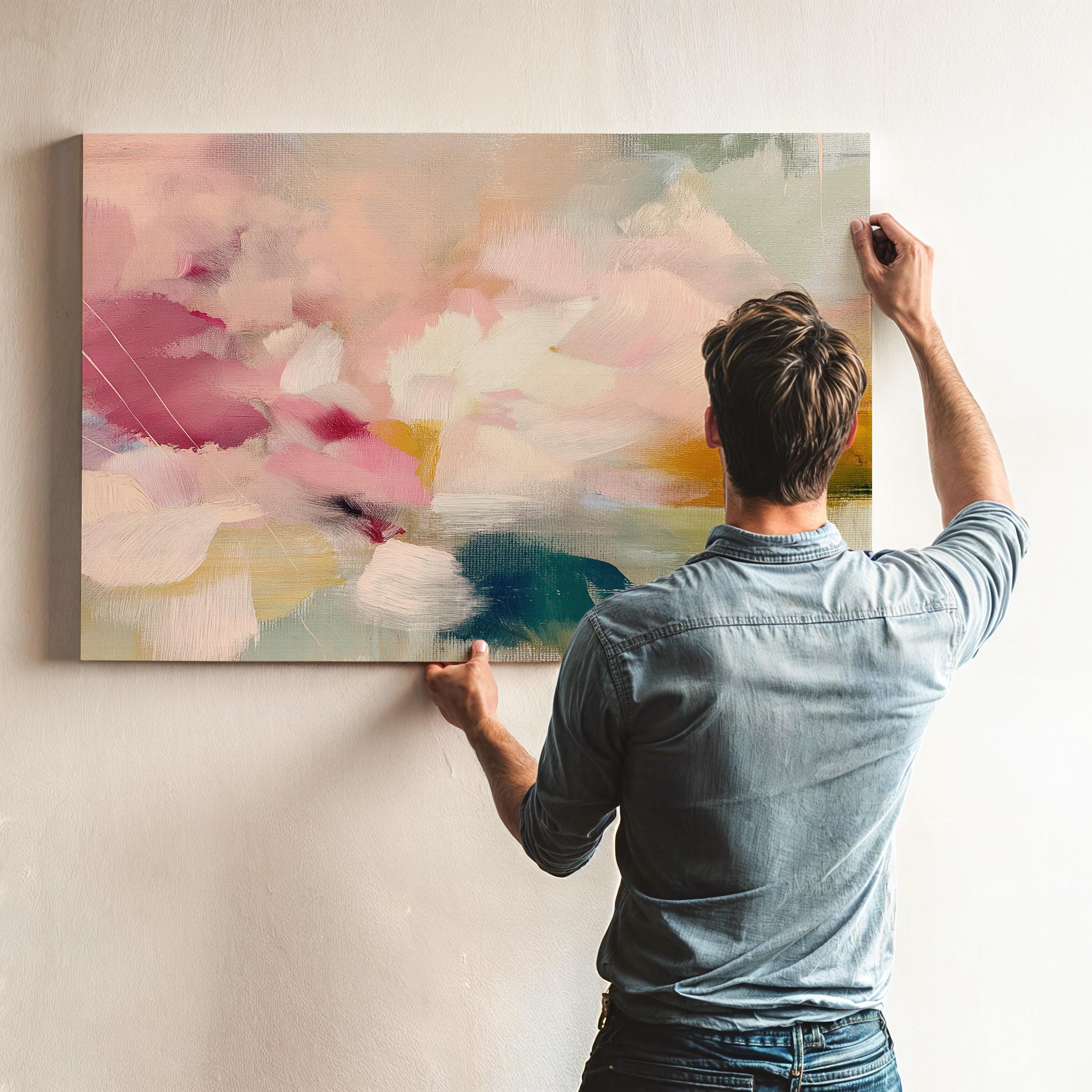 Blush pink, coral, teal and cream floral abstract stretched canvas wall art by Muse Studio & Co. with gallery wrapped edges displayed in a soft contemporary home interior.