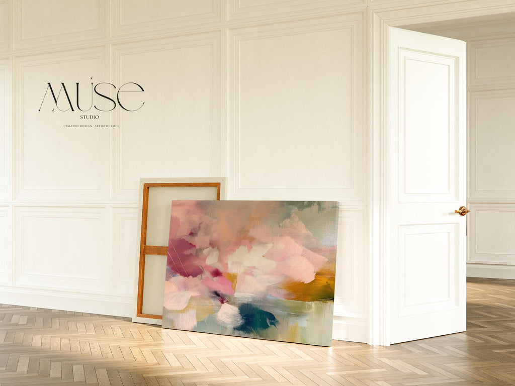 Blush pink, coral, teal and cream floral abstract stretched canvas wall art by Muse Studio & Co. with gallery wrapped edges displayed in a soft contemporary home interior.
