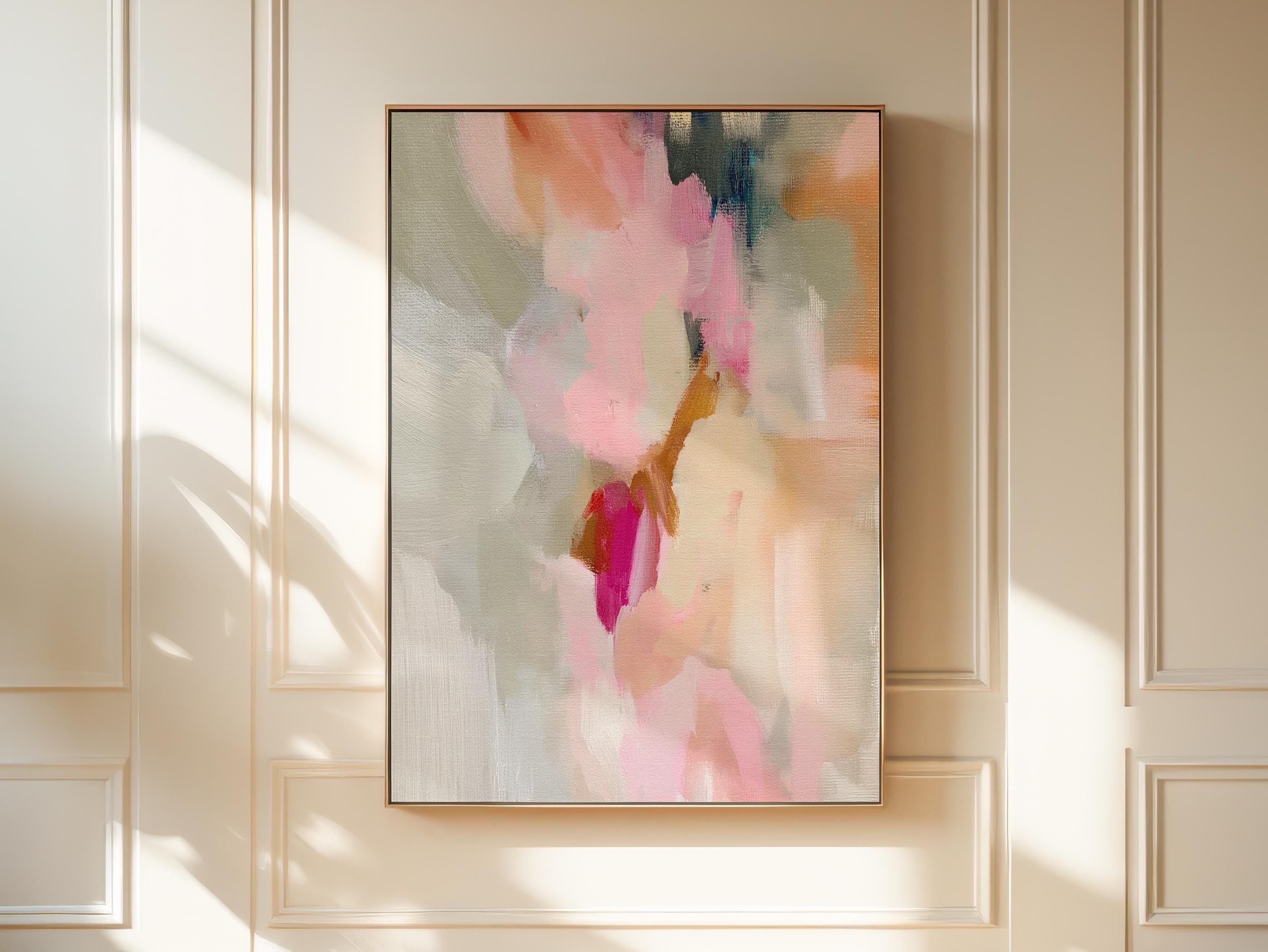 Blush, cream, beige and soft sage abstract framed canvas wall art by Muse Studio & Co. in a natural wood floating frame styled in a warm modern farmhouse bedroom interior.