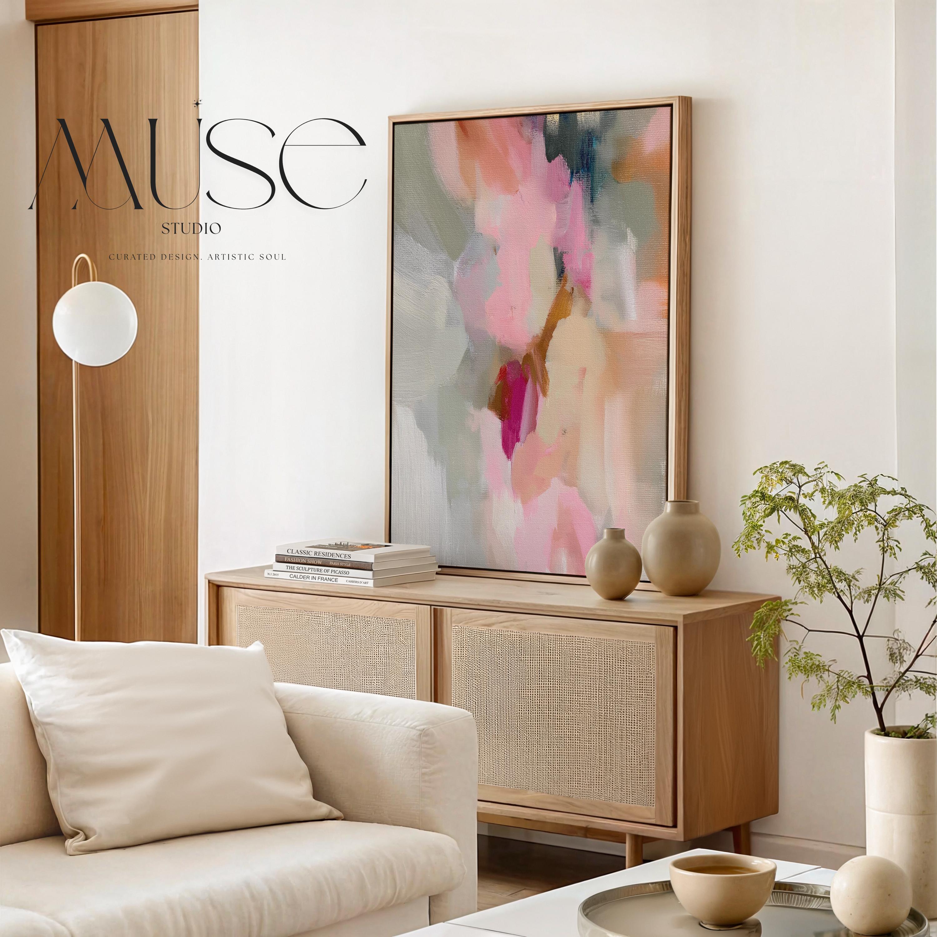 Blush, cream, beige and soft sage abstract framed canvas wall art by Muse Studio & Co. in a natural wood floating frame styled in a warm modern farmhouse bedroom interior.