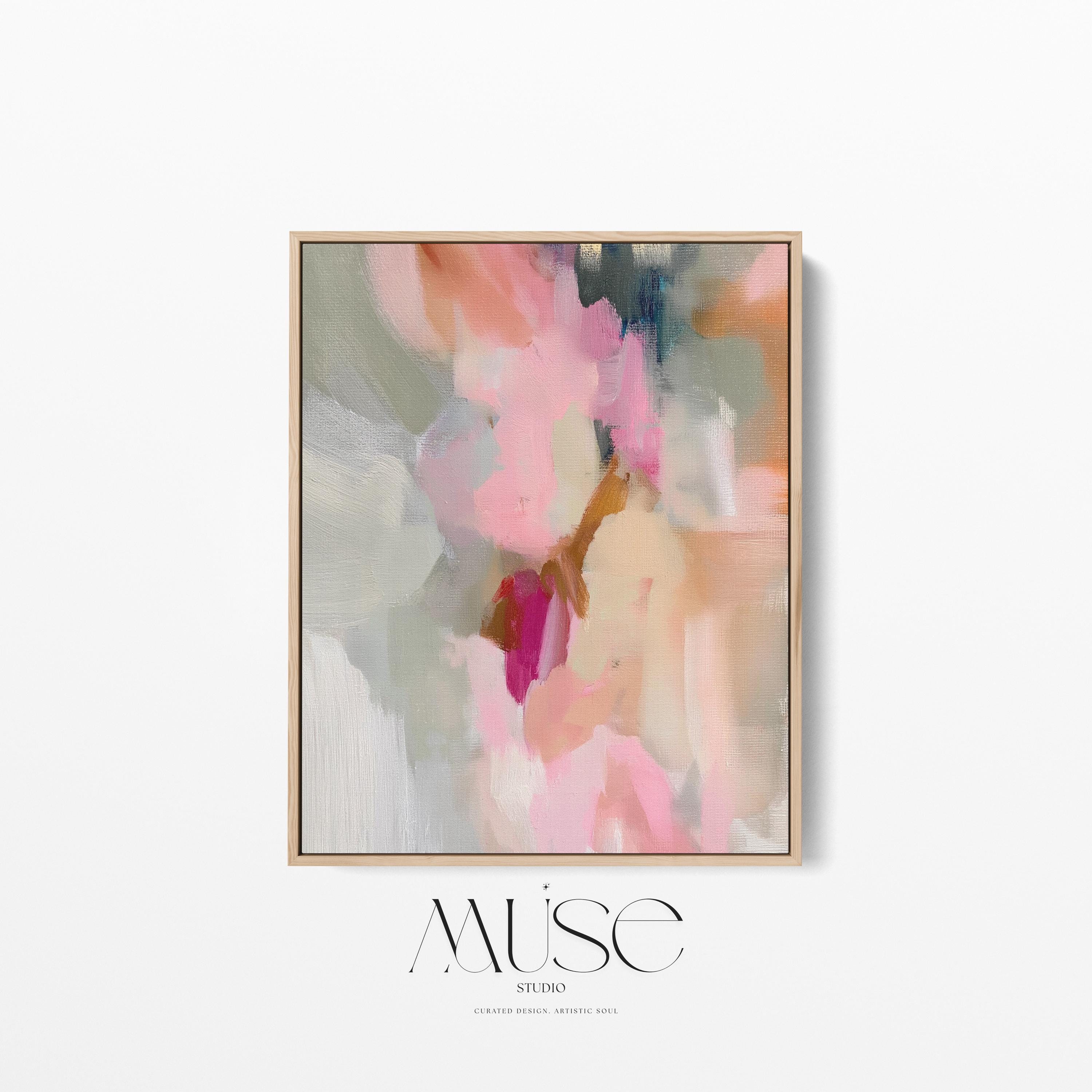 Blush, cream, beige and soft sage abstract framed canvas wall art by Muse Studio & Co. in a natural wood floating frame styled in a warm modern farmhouse bedroom interior.