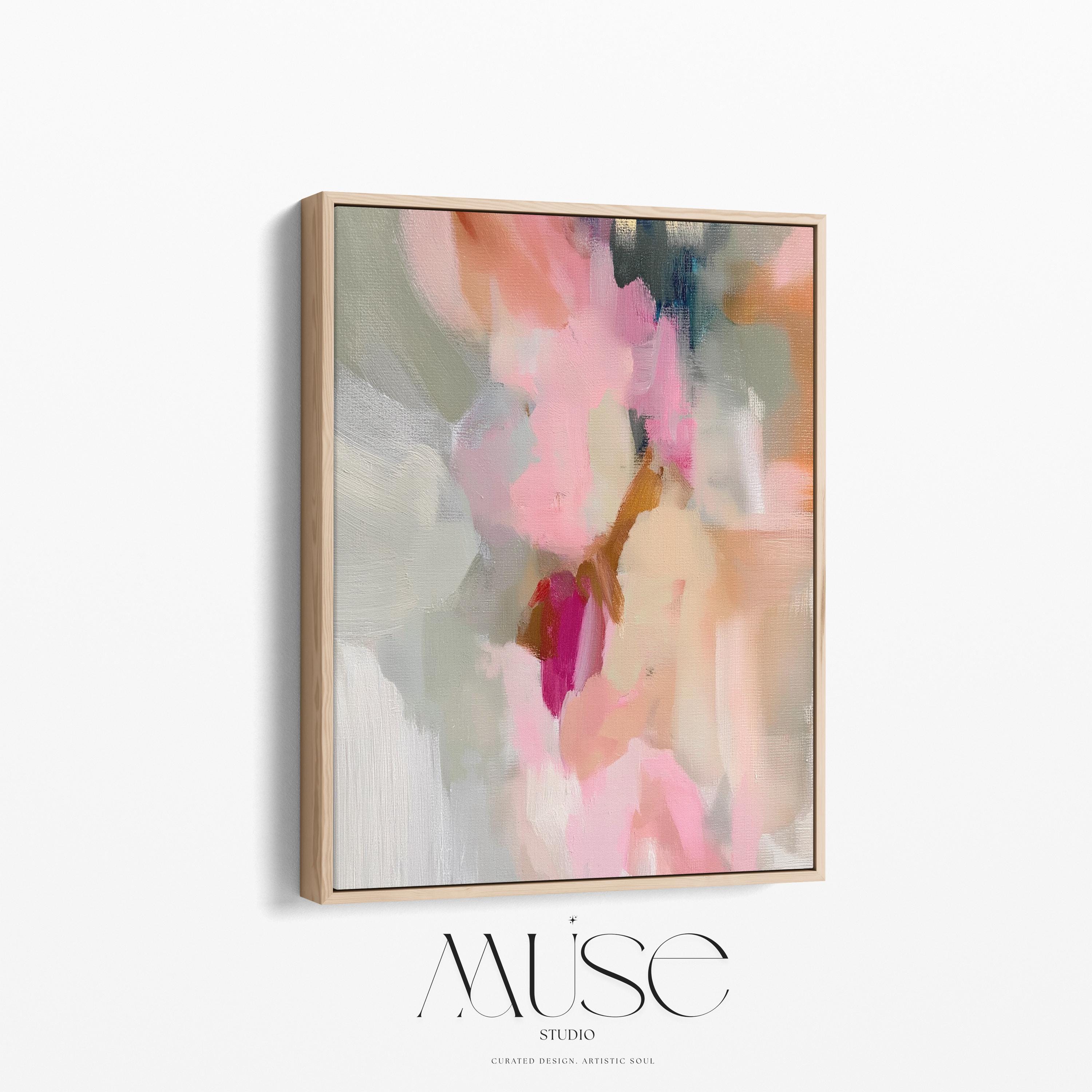 Blush, cream, beige and soft sage abstract framed canvas wall art by Muse Studio & Co. in a natural wood floating frame styled in a warm modern farmhouse bedroom interior.