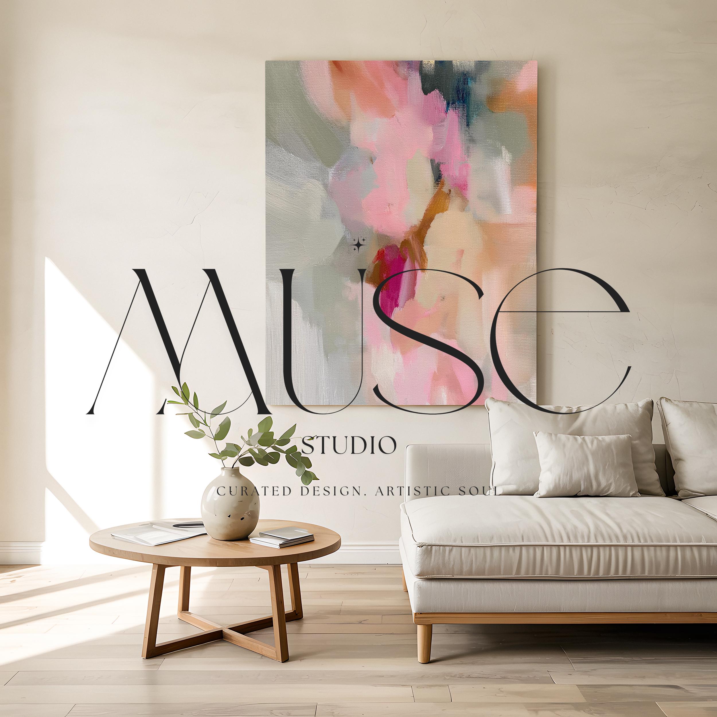 Blush and neutral abstract stretched canvas wall art by Muse Studio & Co. with gallery wrapped edges displayed in a modern farmhouse home interior.
