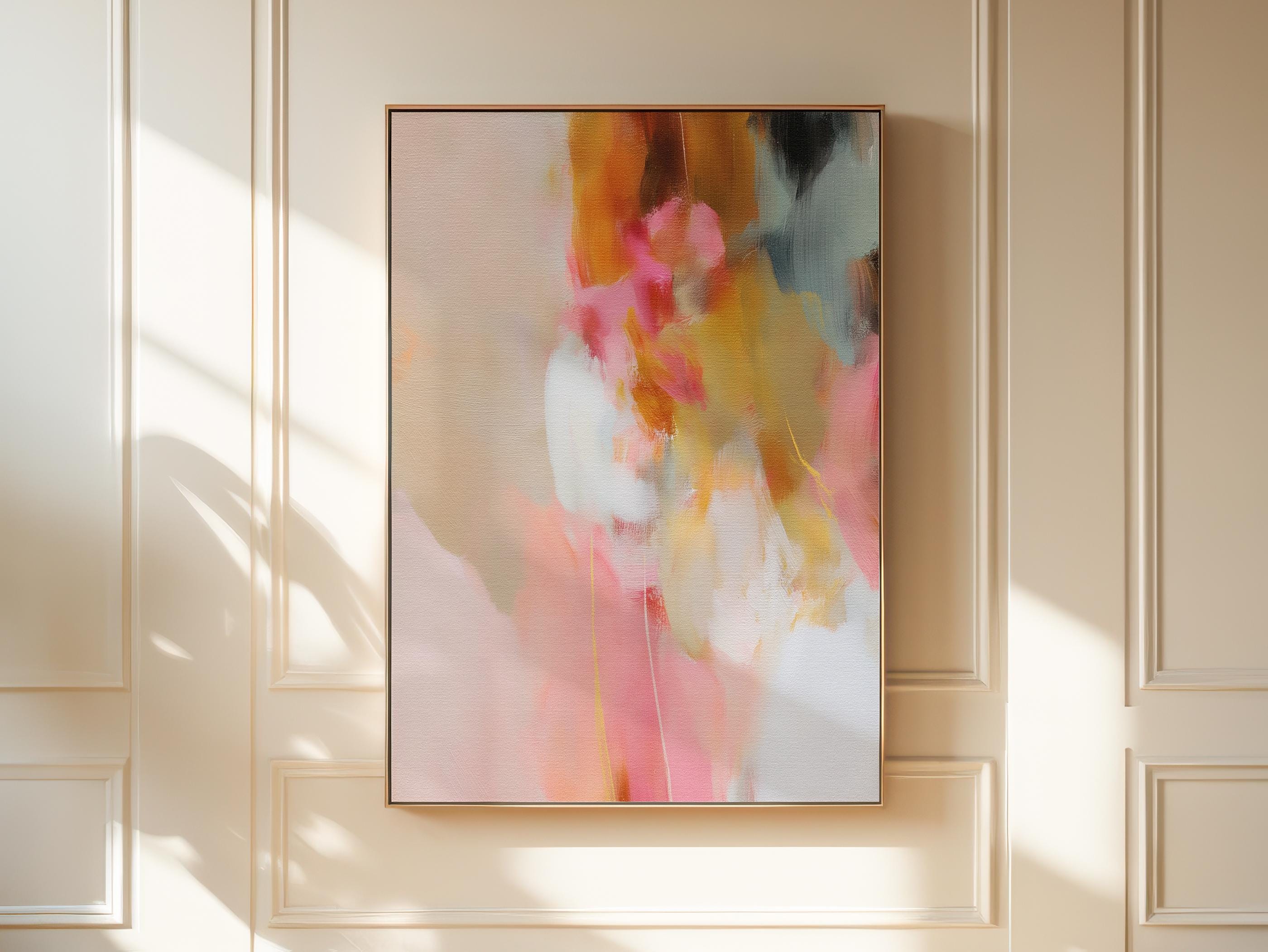 Coral, blush pink, sand and ochre vertical abstract artwork printed by Muse Studio & Co. as a museum-quality giclée framed canvas, custom produced in large statement sizes with a natural wood floating frame, suited for organic transitional and modern farmhouse interiors.