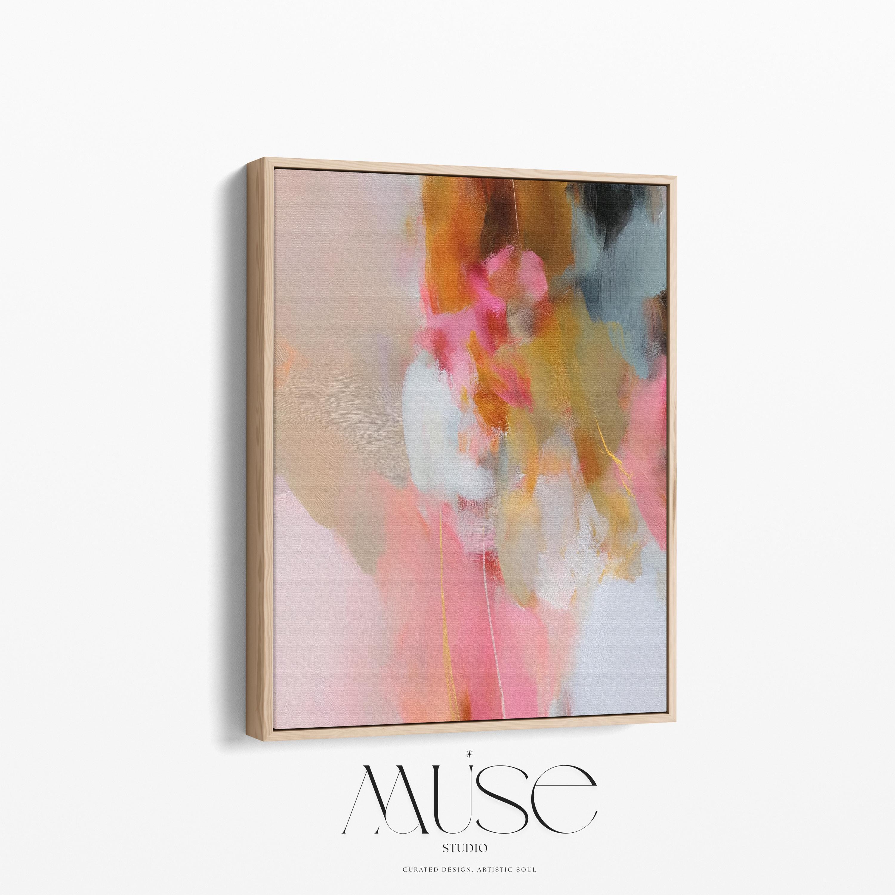 Coral, blush pink, sand and ochre vertical abstract artwork printed by Muse Studio & Co. as a museum-quality giclée framed canvas, custom produced in large statement sizes with a natural wood floating frame, suited for organic transitional and modern farmhouse interiors.