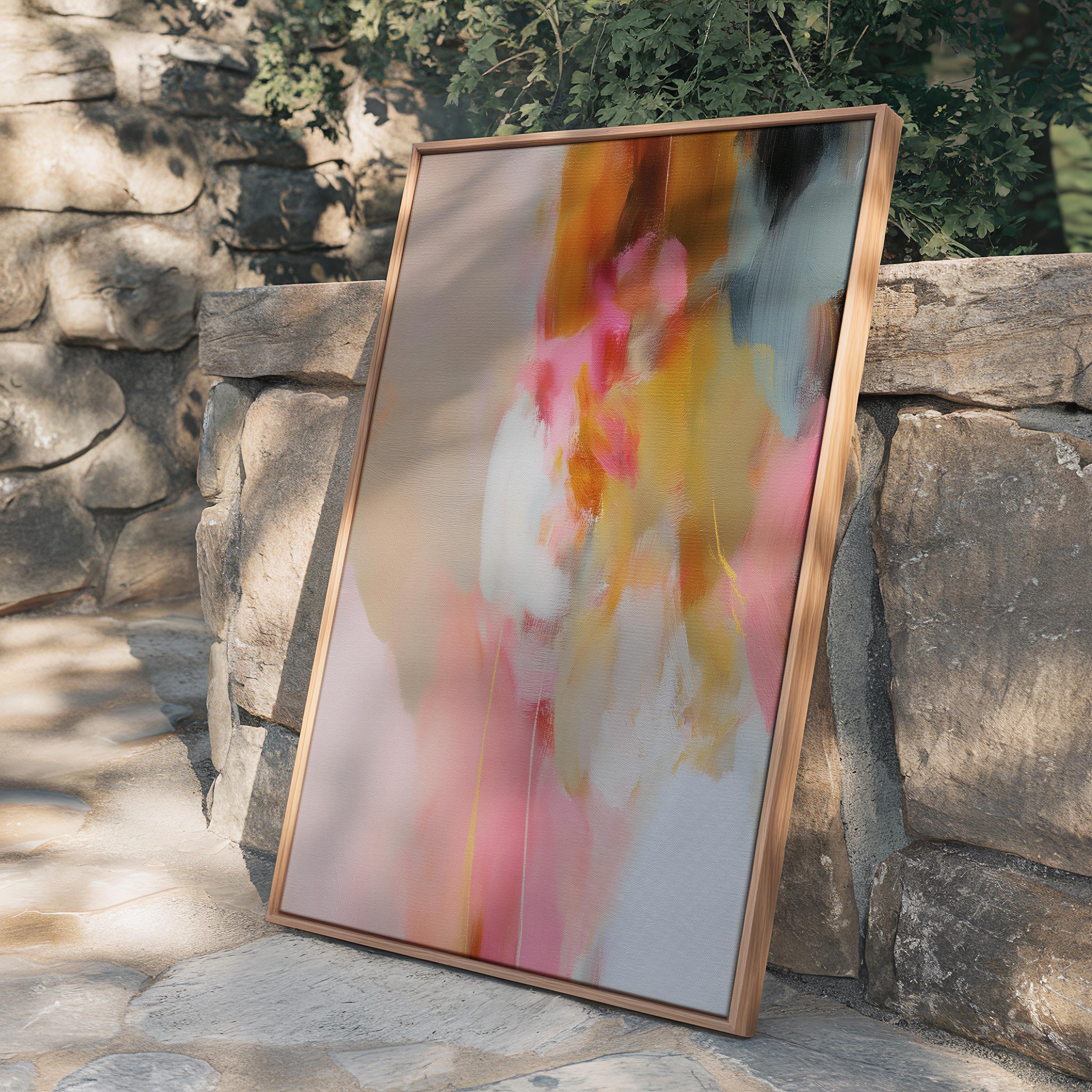 Coral, blush pink, sand and ochre vertical abstract artwork printed by Muse Studio & Co. as a museum-quality giclée framed canvas, custom produced in large statement sizes with a natural wood floating frame, suited for organic transitional and modern farmhouse interiors.