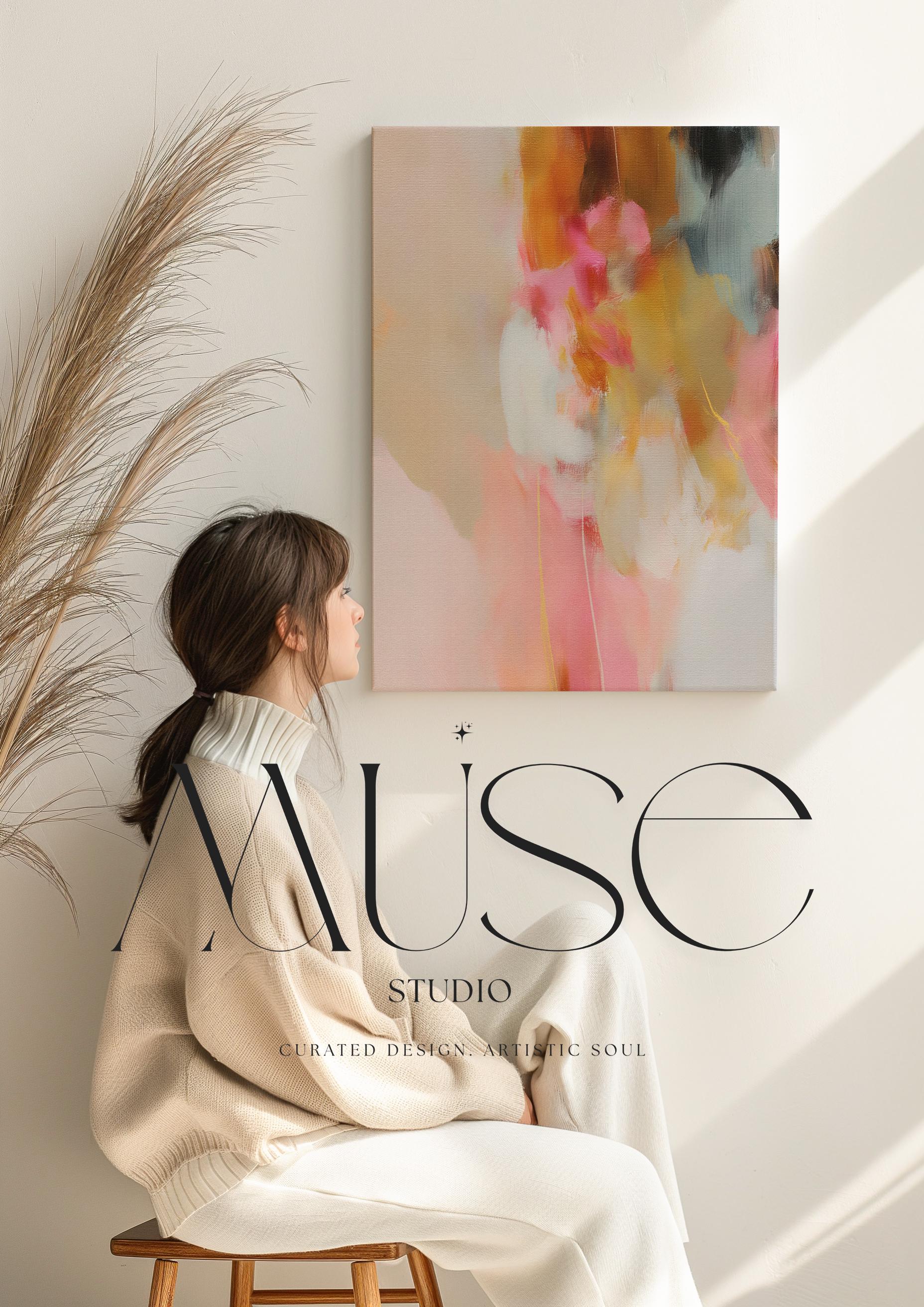 Blush and ochre vertical abstract artwork by Muse Studio & Co. printed with archival giclée inks on gallery-wrapped canvas, custom produced in large statement sizes with clean wrapped edges, designed for organic transitional and modern farmhouse interiors.