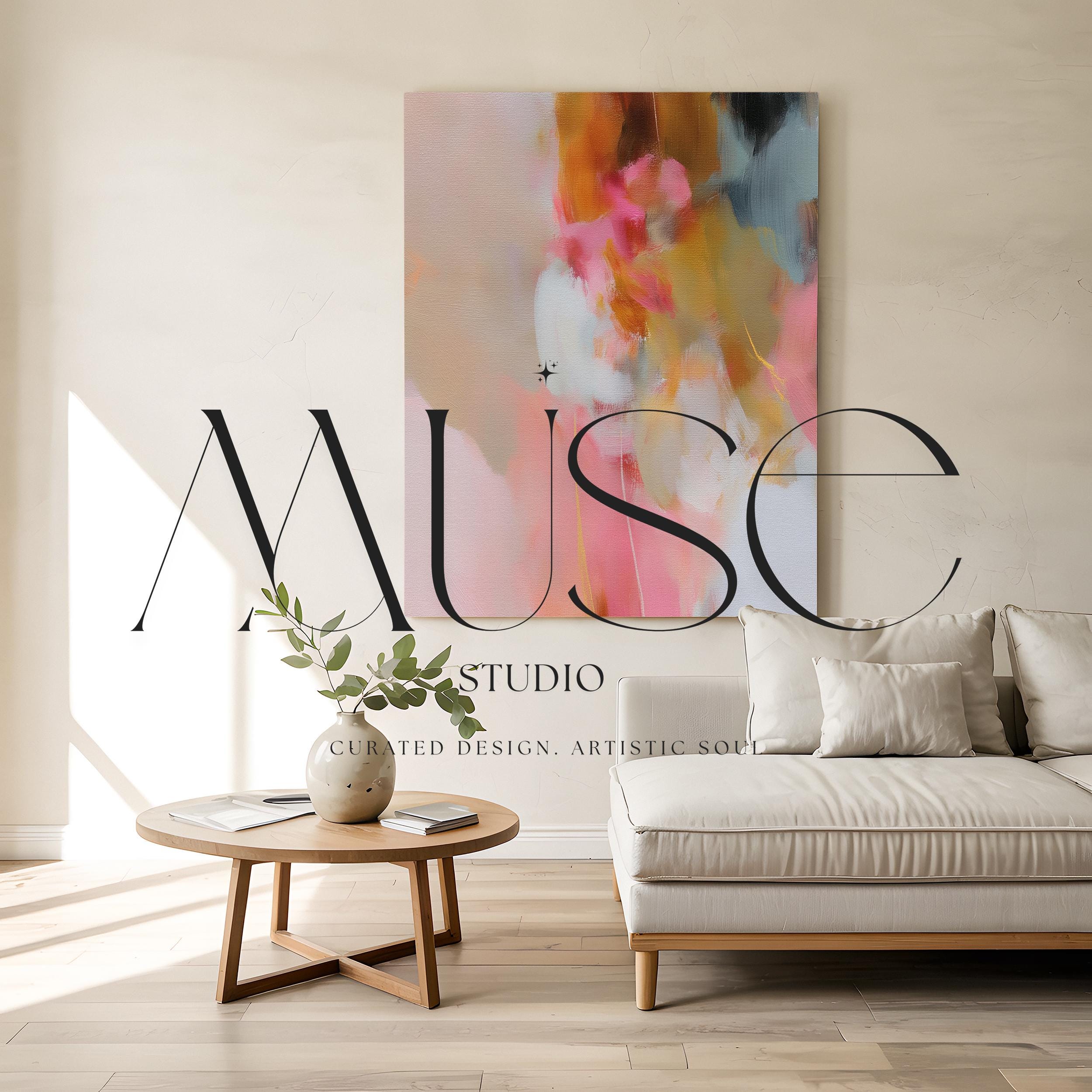 Blush and ochre vertical abstract artwork by Muse Studio & Co. printed with archival giclée inks on gallery-wrapped canvas, custom produced in large statement sizes with clean wrapped edges, designed for organic transitional and modern farmhouse interiors.
