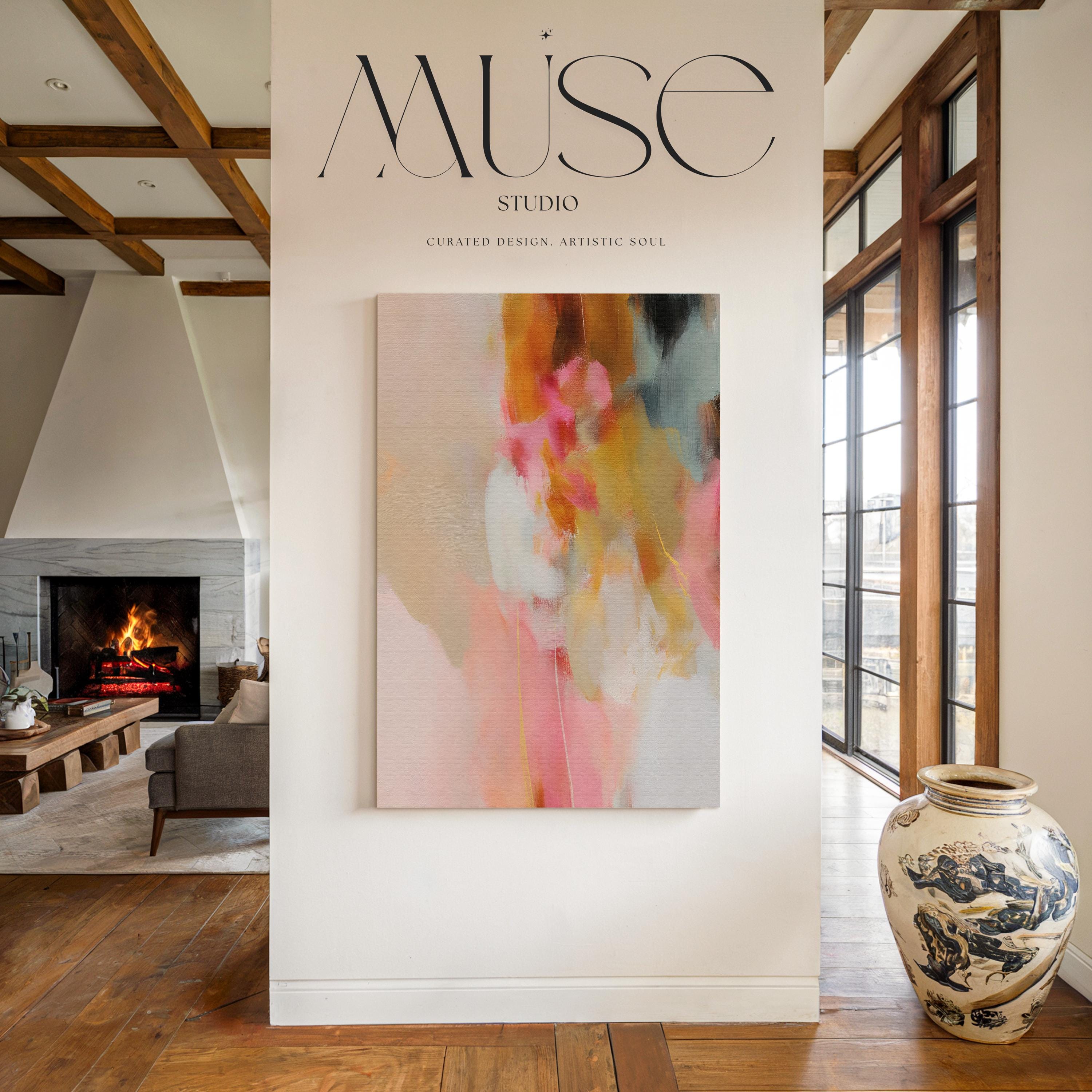 Blush and ochre vertical abstract artwork by Muse Studio & Co. printed with archival giclée inks on gallery-wrapped canvas, custom produced in large statement sizes with clean wrapped edges, designed for organic transitional and modern farmhouse interiors.