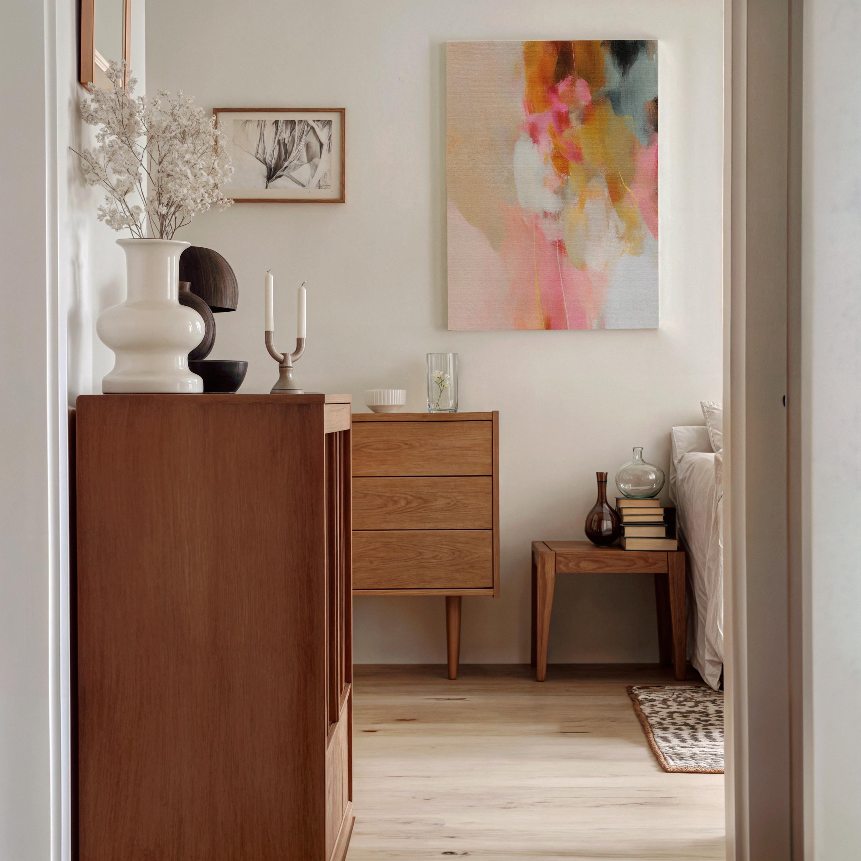 Blush and ochre vertical abstract artwork by Muse Studio & Co. printed with archival giclée inks on gallery-wrapped canvas, custom produced in large statement sizes with clean wrapped edges, designed for organic transitional and modern farmhouse interiors.