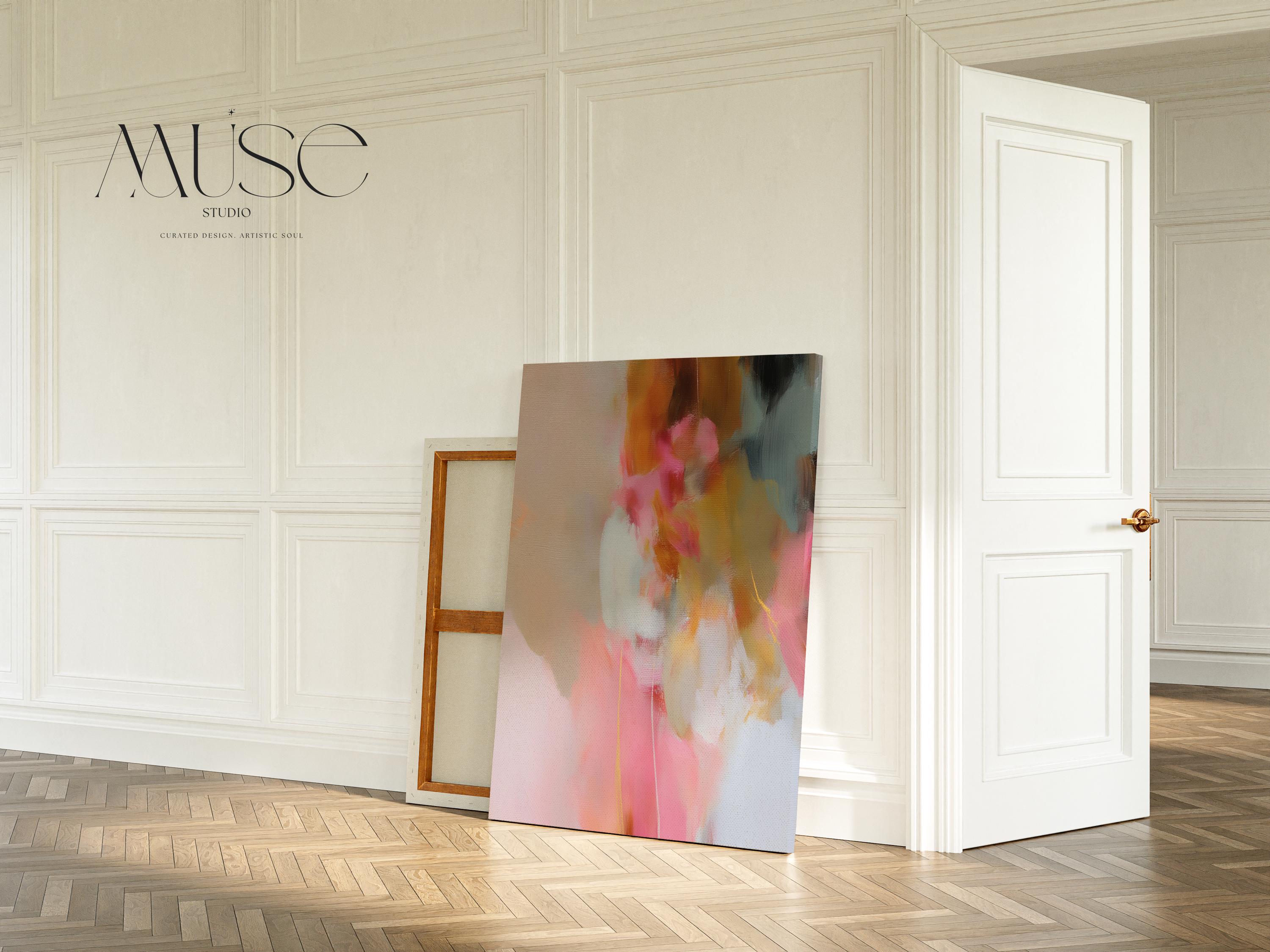 Blush and ochre vertical abstract artwork by Muse Studio & Co. printed with archival giclée inks on gallery-wrapped canvas, custom produced in large statement sizes with clean wrapped edges, designed for organic transitional and modern farmhouse interiors.