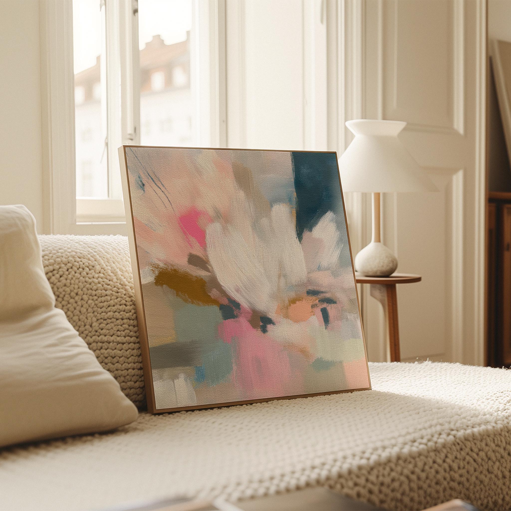 Large Floral Abstract Framed Canvas Wall Art · Blush Pink Soft Blue Pastel Floral Painting for Bedroom Living Room or Nursery · Modern Wall Decor on Premium Artist Canvas Printed with Museum-Grade Giclée Inks · Solid Wood Frame Ready to Hang · Oversized Statement Art · Muse Studio Morning Meadow 1027