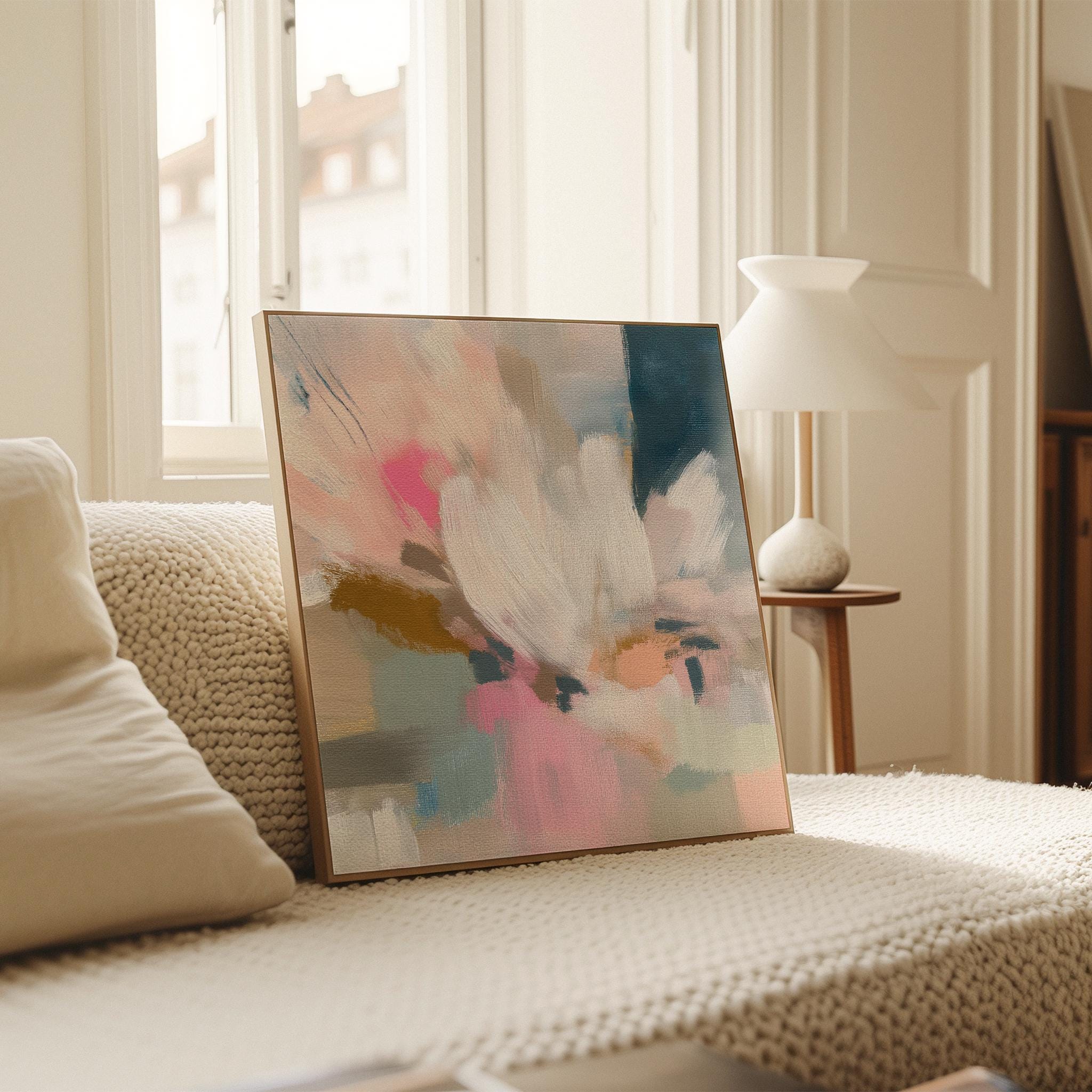 Large Floral Abstract Framed Canvas Wall Art · Blush Pink Soft Blue Pastel Floral Painting for Bedroom Living Room or Nursery · Modern Wall Decor on Premium Artist Canvas Printed with Museum-Grade Giclée Inks · Solid Wood Frame Ready to Hang · Oversized Statement Art · Muse Studio Morning Meadow 1027