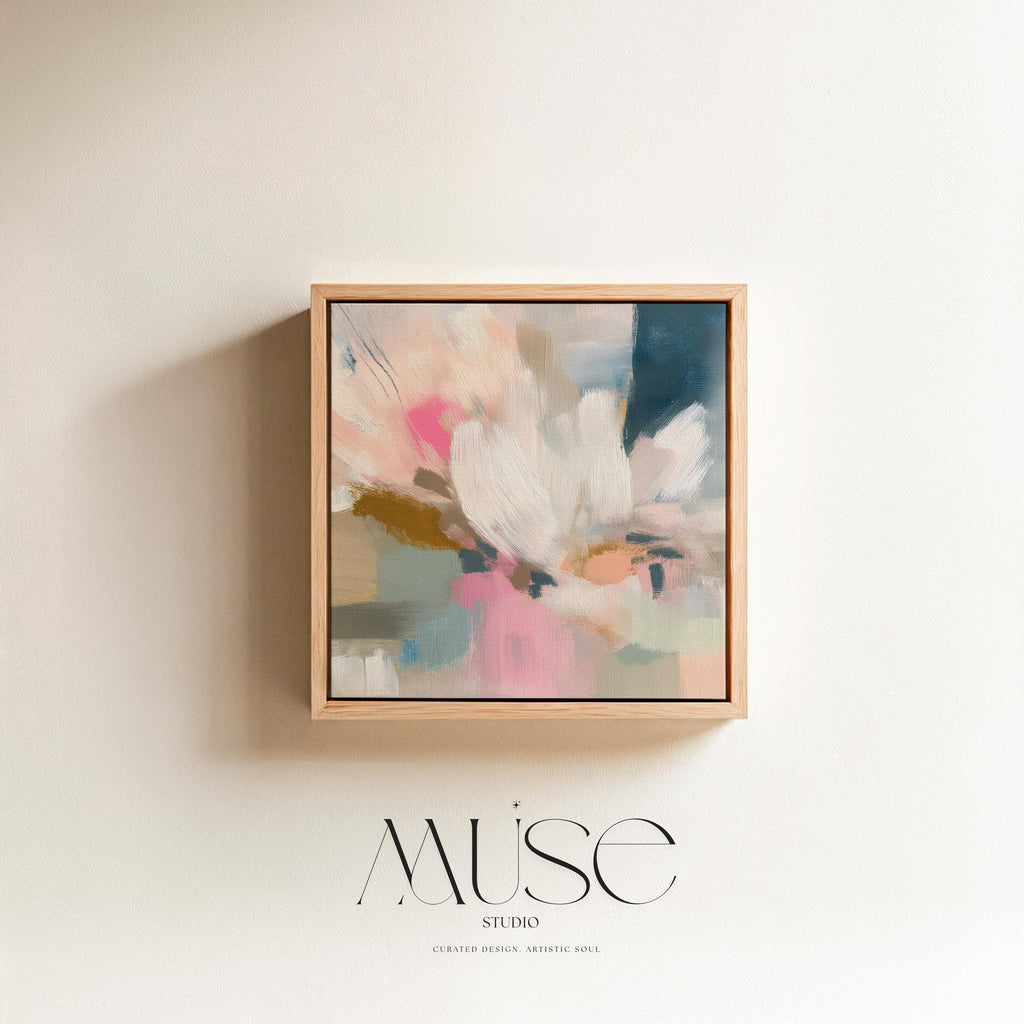 Large Floral Abstract Framed Canvas Wall Art · Blush Pink Soft Blue Pastel Floral Painting for Bedroom Living Room or Nursery · Modern Wall Decor on Premium Artist Canvas Printed with Museum-Grade Giclée Inks · Solid Wood Frame Ready to Hang · Oversized Statement Art · Muse Studio Morning Meadow 1027