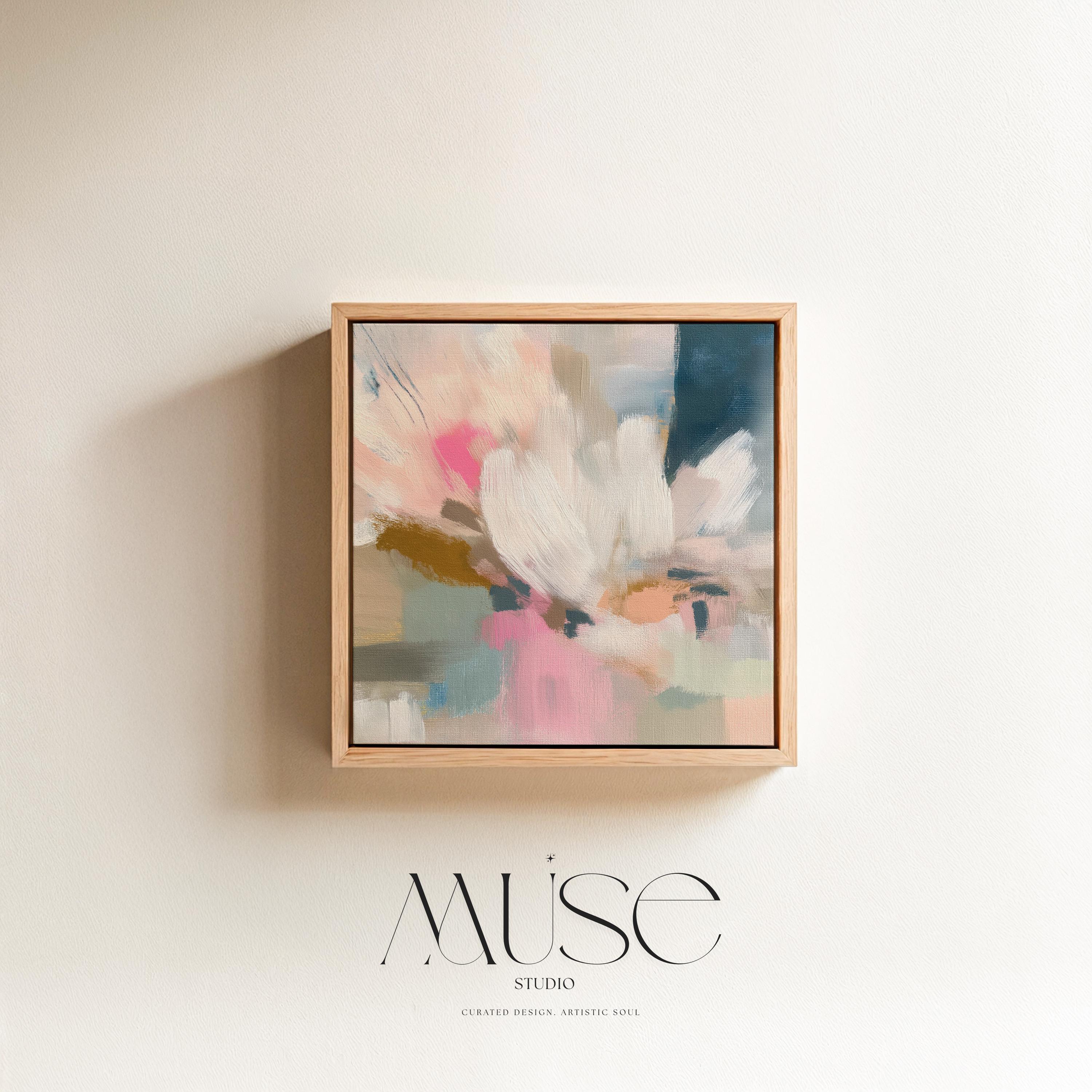 Large Floral Abstract Framed Canvas Wall Art · Blush Pink Soft Blue Pastel Floral Painting for Bedroom Living Room or Nursery · Modern Wall Decor on Premium Artist Canvas Printed with Museum-Grade Giclée Inks · Solid Wood Frame Ready to Hang · Oversized Statement Art · Muse Studio Morning Meadow 1027