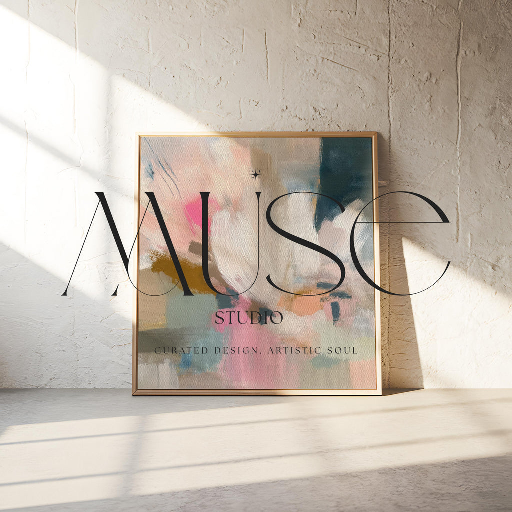 Blush and soft blue abstract artwork by Muse Studio & Co. printed as a museum-quality giclée framed canvas, custom produced in large statement sizes with a natural wood floating frame, designed for organic transitional, coastal neutral and modern farmhouse interiors.