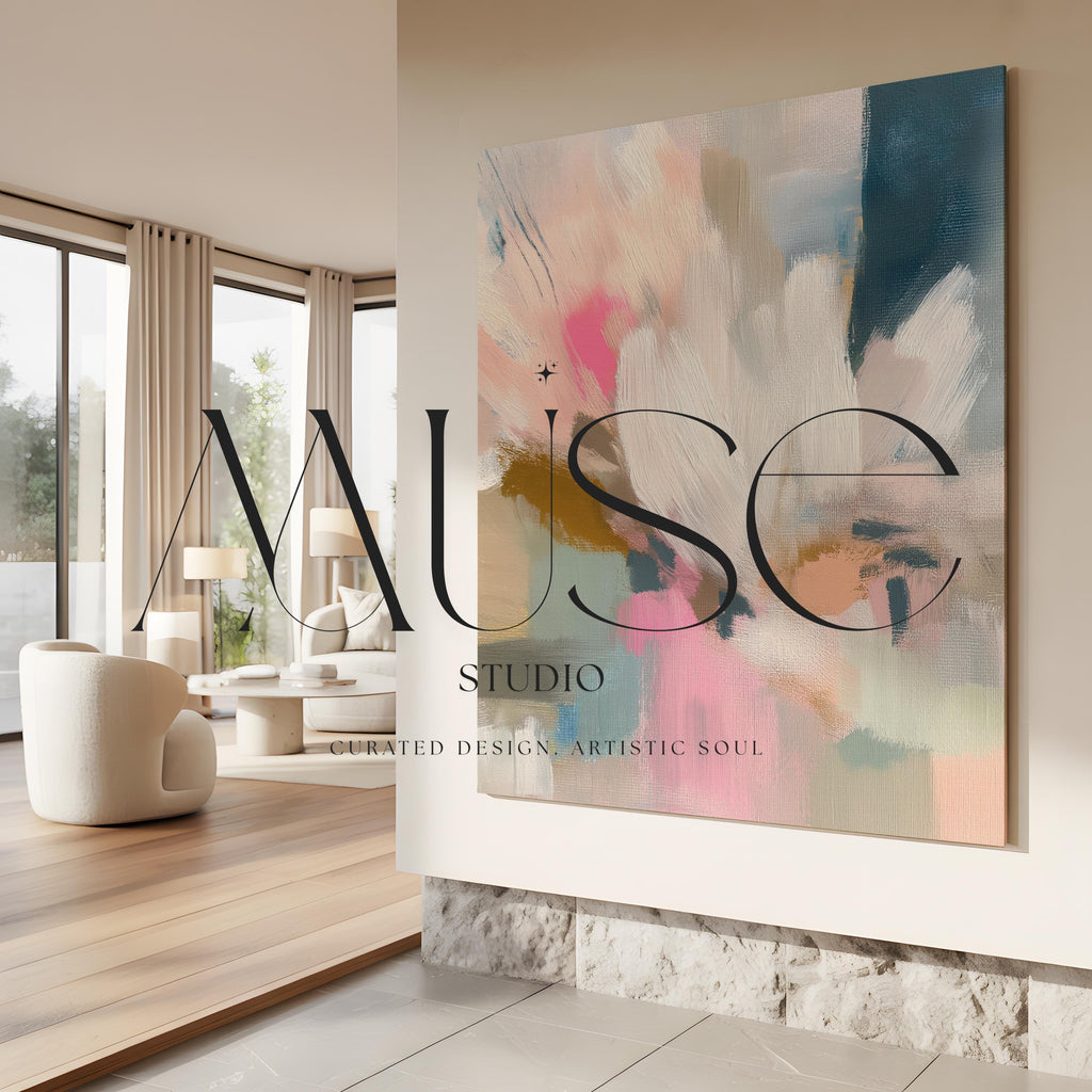 Blush and soft blue abstract artwork by Muse Studio & Co. printed with archival giclée inks on gallery-wrapped canvas, custom produced in oversized statement sizes, designed for organic transitional, coastal neutral and modern farmhouse interiors.
