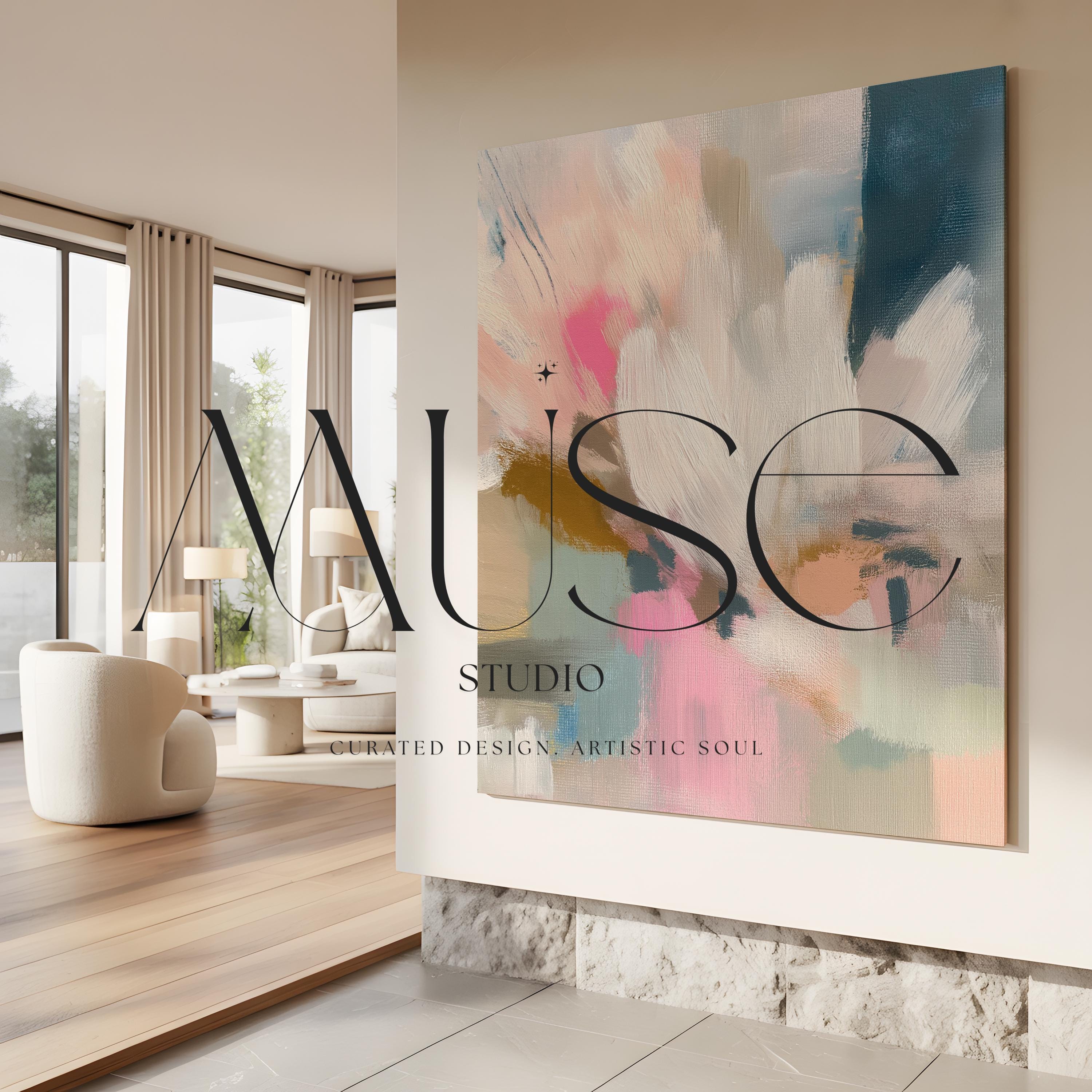 Blush and soft blue abstract artwork by Muse Studio & Co. printed with archival giclée inks on gallery-wrapped canvas, custom produced in oversized statement sizes, designed for organic transitional, coastal neutral and modern farmhouse interiors.