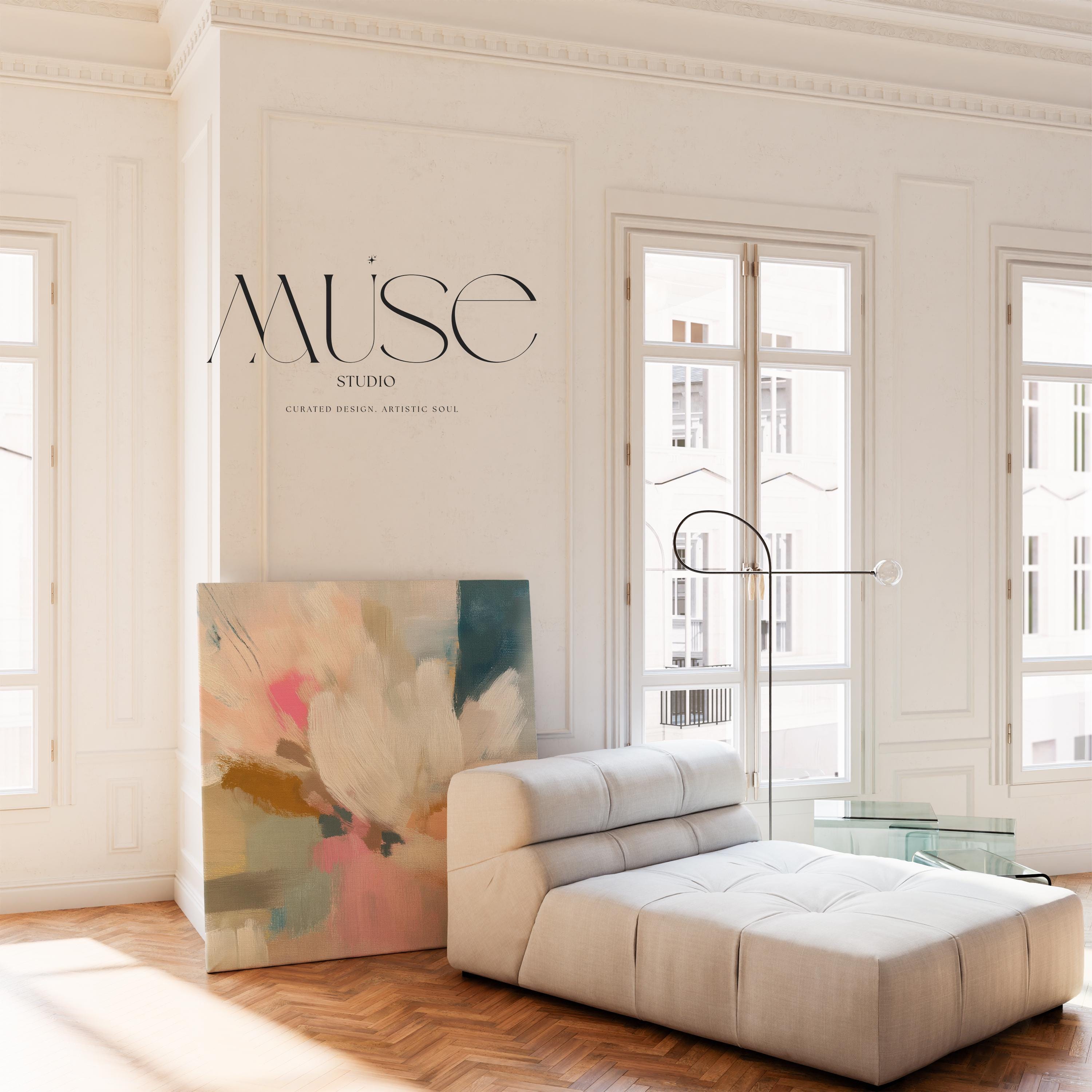 Blush and soft blue abstract artwork by Muse Studio & Co. printed with archival giclée inks on gallery-wrapped canvas, custom produced in oversized statement sizes, designed for organic transitional, coastal neutral and modern farmhouse interiors.