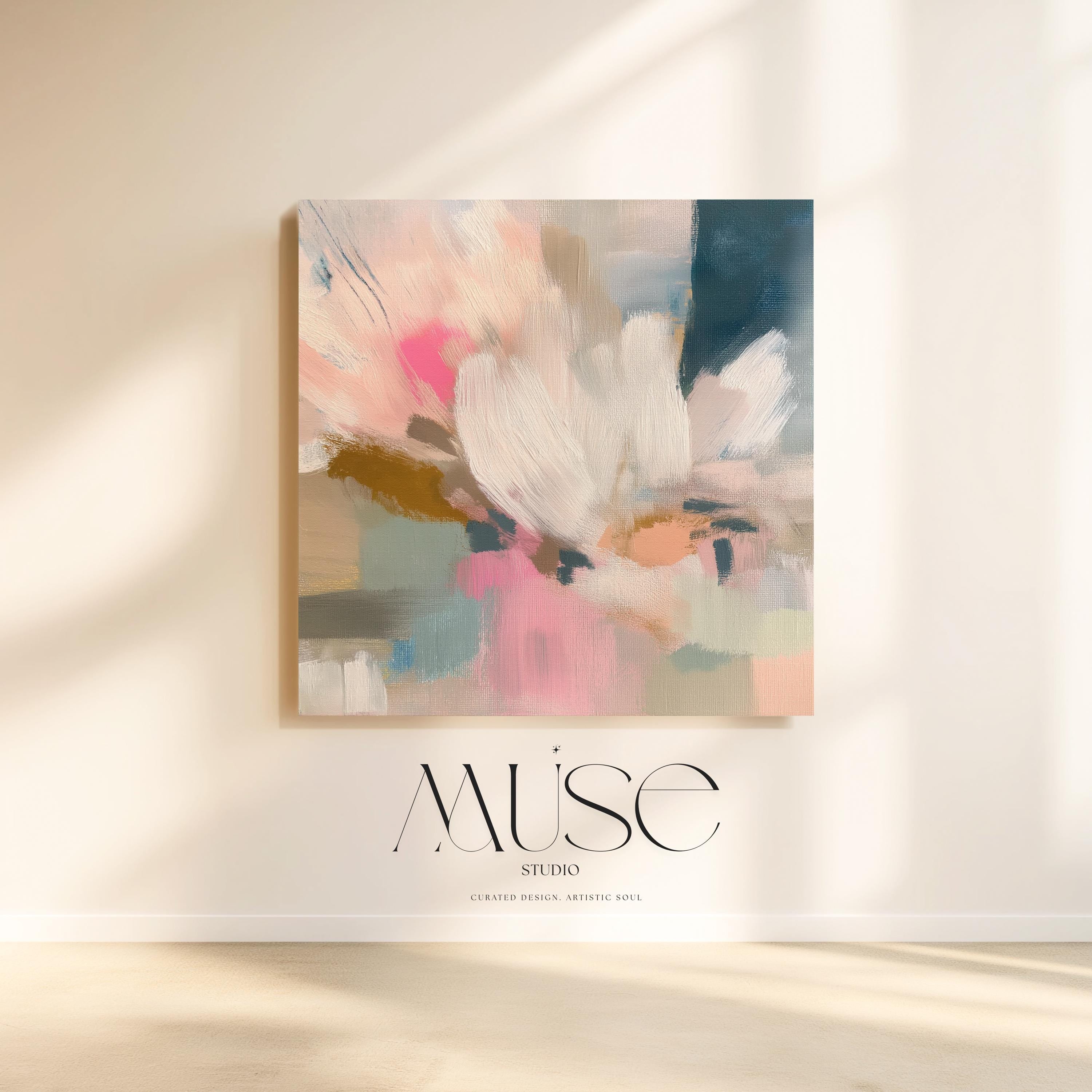 Blush and soft blue abstract artwork by Muse Studio & Co. printed with archival giclée inks on gallery-wrapped canvas, custom produced in oversized statement sizes, designed for organic transitional, coastal neutral and modern farmhouse interiors.
