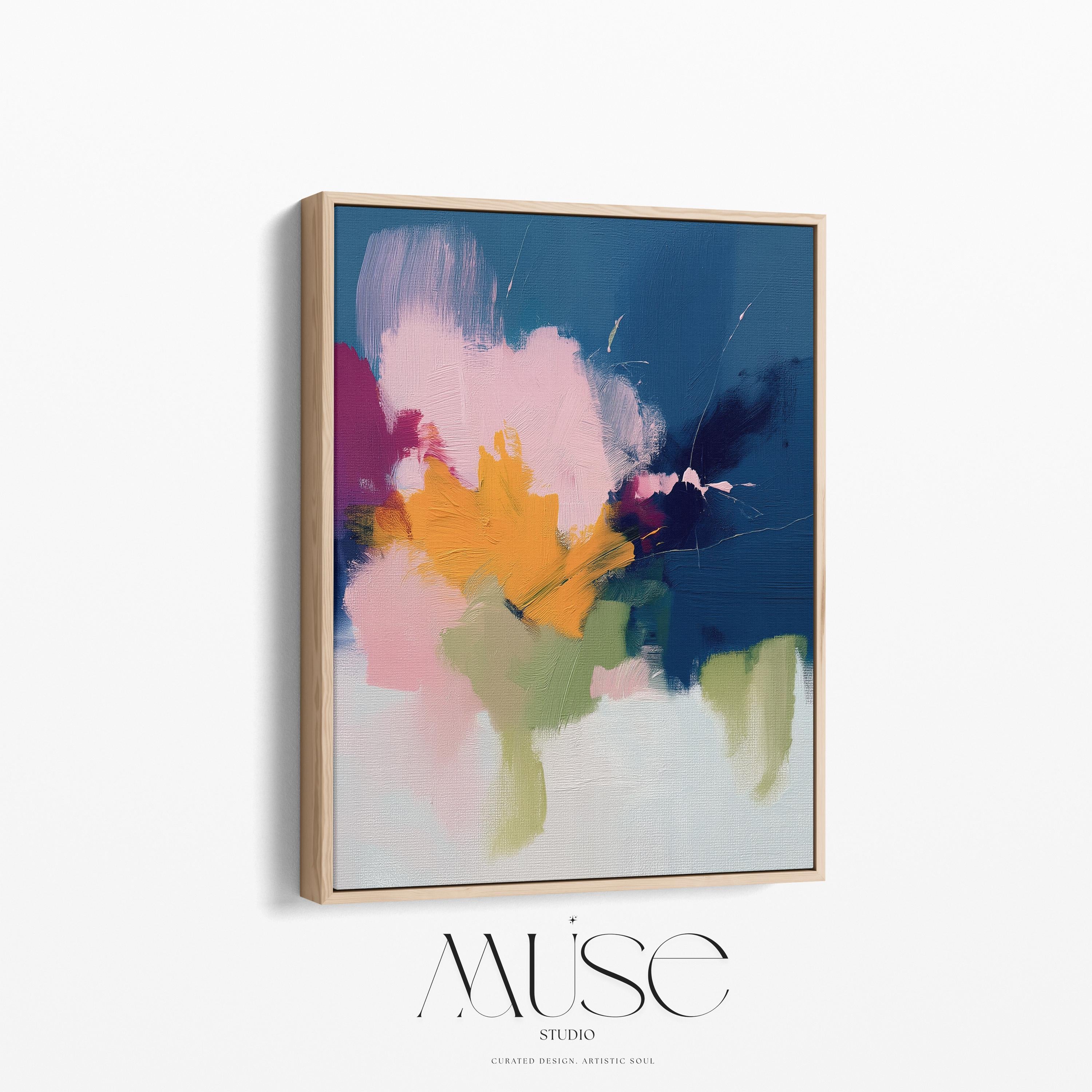 Navy and golden ochre abstract artwork by Muse Studio & Co. printed as a museum-quality giclée framed canvas with a natural wood floating frame, custom produced in large statement sizes for soft contemporary and organic transitional interiors.